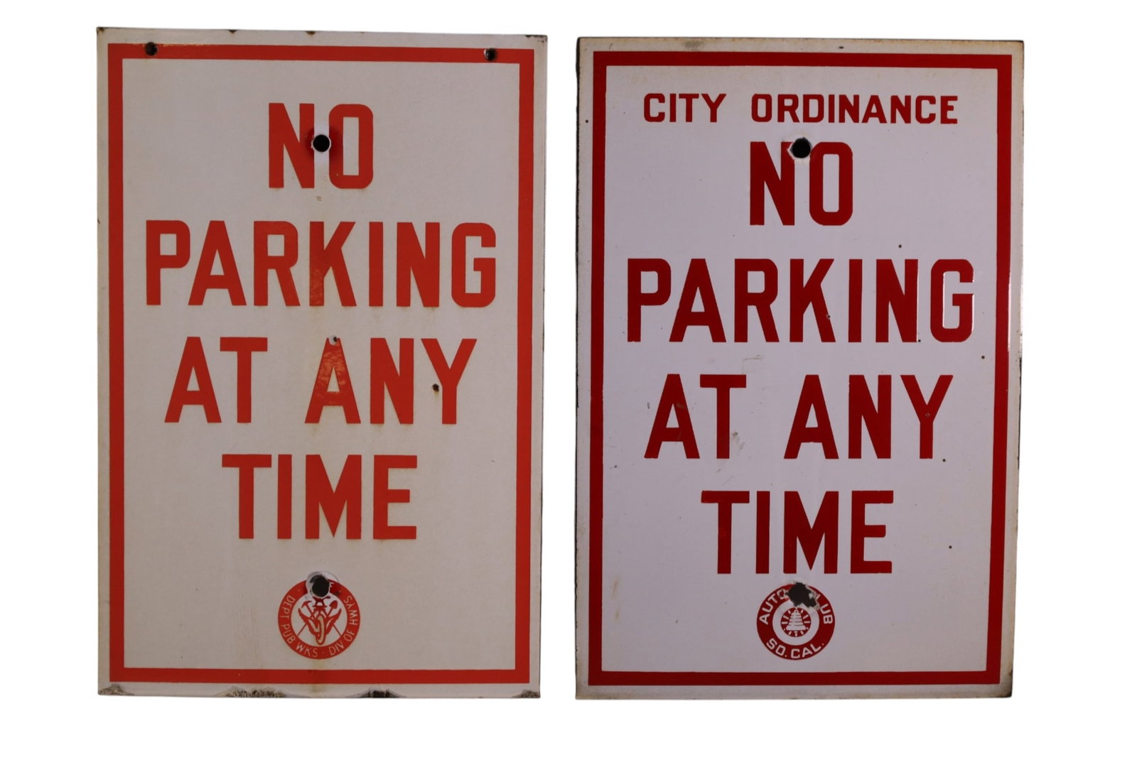 2 NO PARKING SIGNS: 2 SSP DEPT OF PUBLIC WORKS & AUTO CLUB NO PARKING SIGNS. 12" x 18"