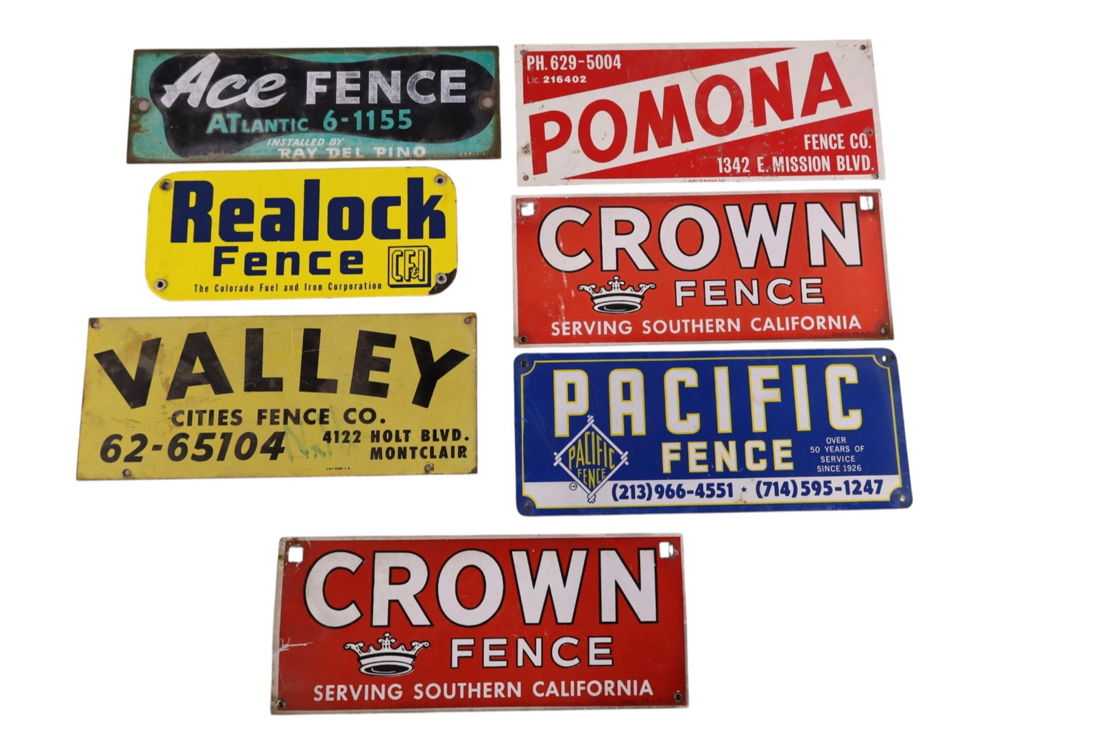 7 MISC FENCE SIGNS: CROWN, ACE, AND MORE. 9 1/2" - 12" W.