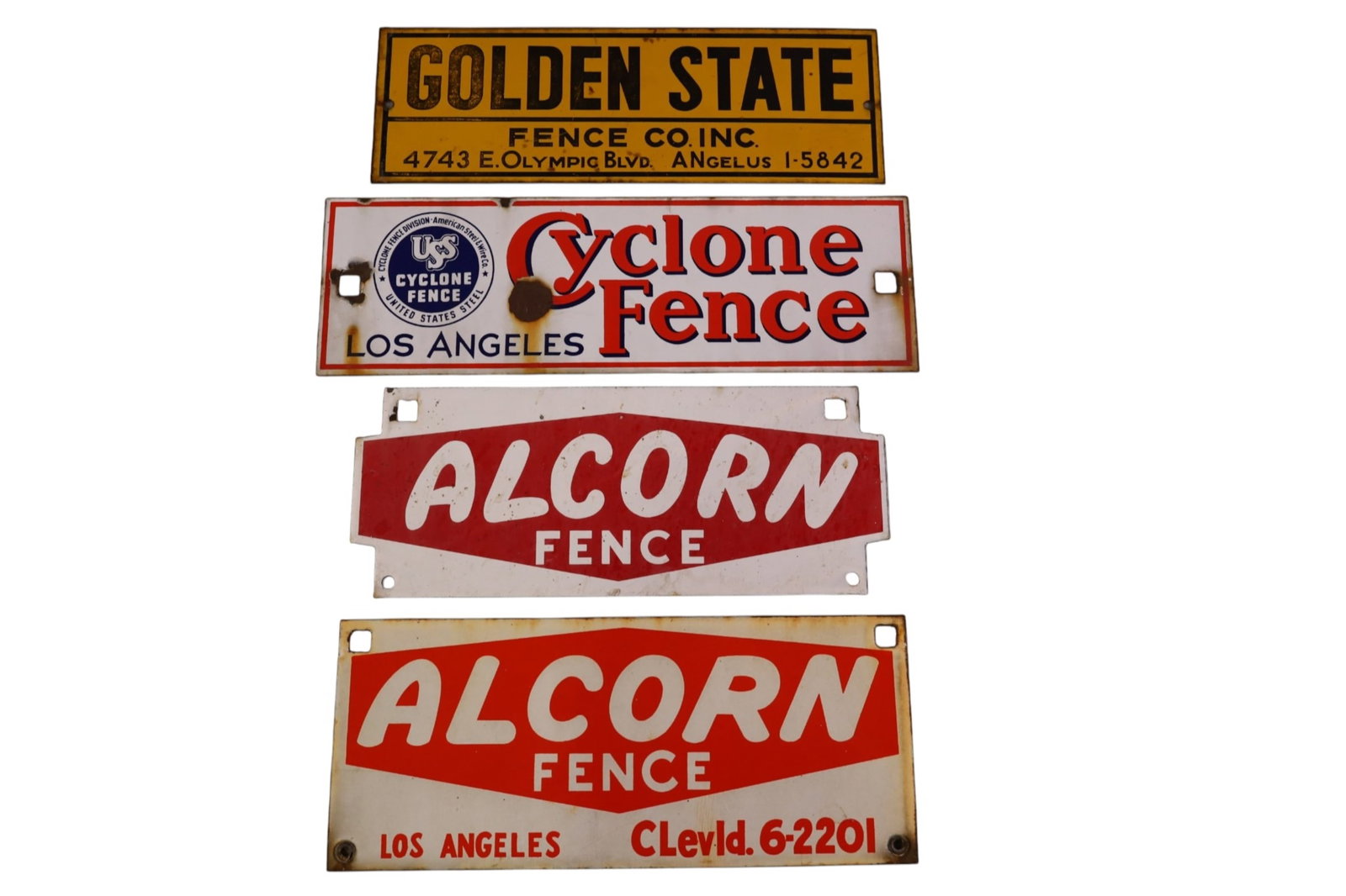 4 FENCE SIGNS: 4 LOS ANGELES FENCE SIGNS, CYCLONE, ALCORN, & GOLDEN STATE. PORCELAIN & TIN. 11 3/4" x - 13 1/2"