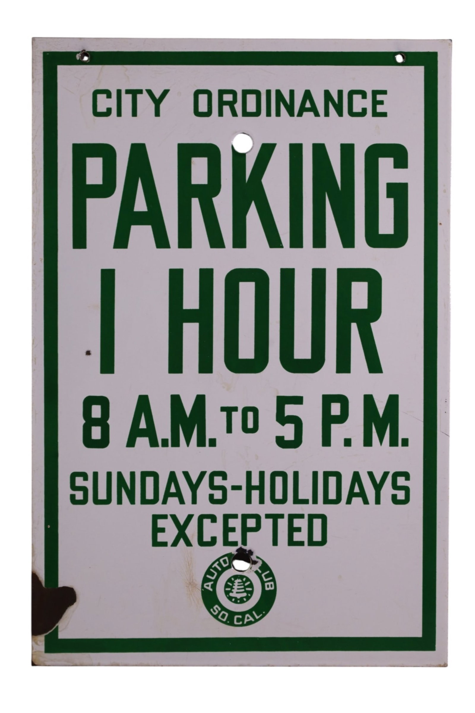 AUTO CLUB 1 HOUR PARKING PORCELAIN SIGN: SSP AUTO CLUB 1 HOUR PARKING SIGN, CHIPS. 12" X 18"