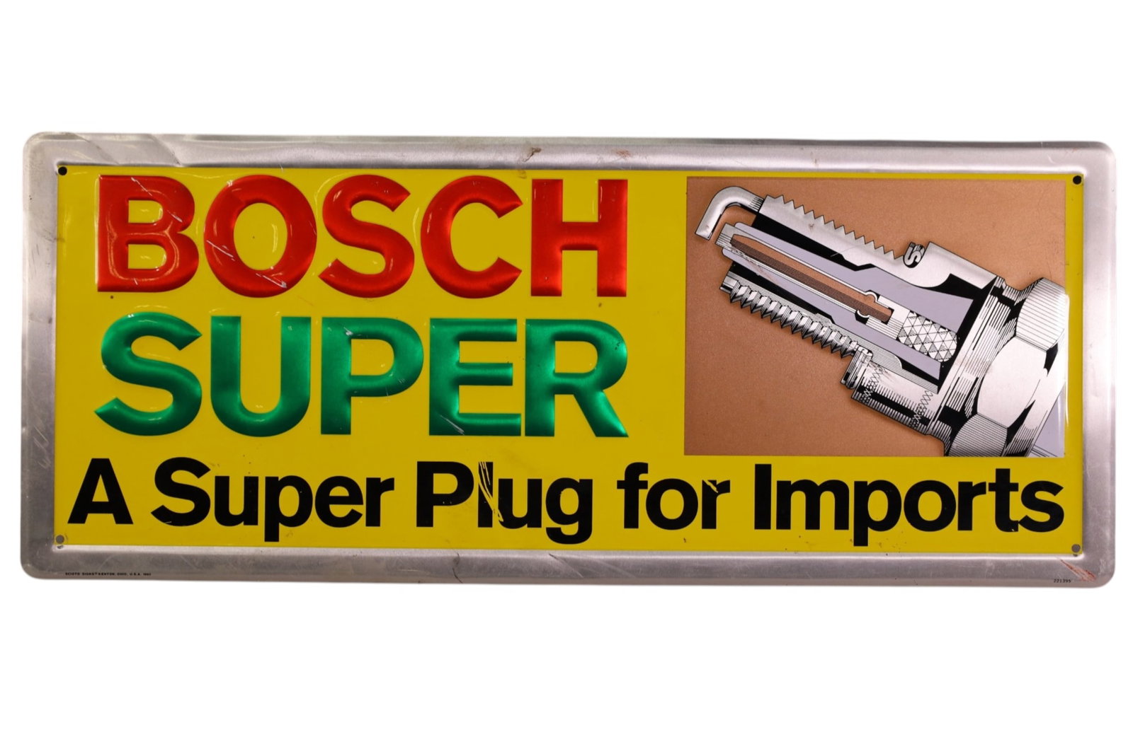 BOSCH SUPER METAL SIGN: EMBOSSED SST BOSCH SIGN. SCRATCHES. 23" x 9"