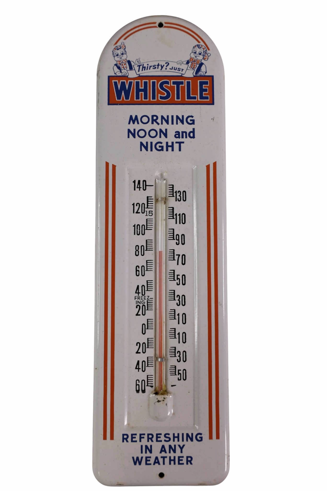 WHISTLE THERMOMETER: PAINTED METAL, WHISTLE THERMOMETER, 13 1/4" x 3 3/4"