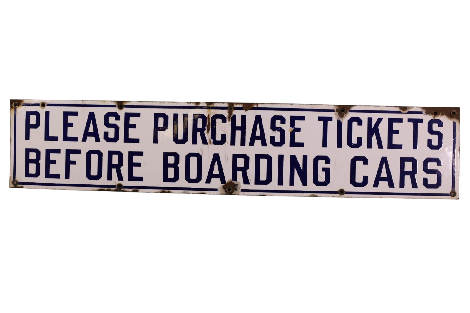 PORCELAIN (TRAIN) TICKETS SIGN: SSP PLEASE PURCHASE TICKETS BEFORE BOARDING CARS SIGN. CHIPS. 30" x 6"