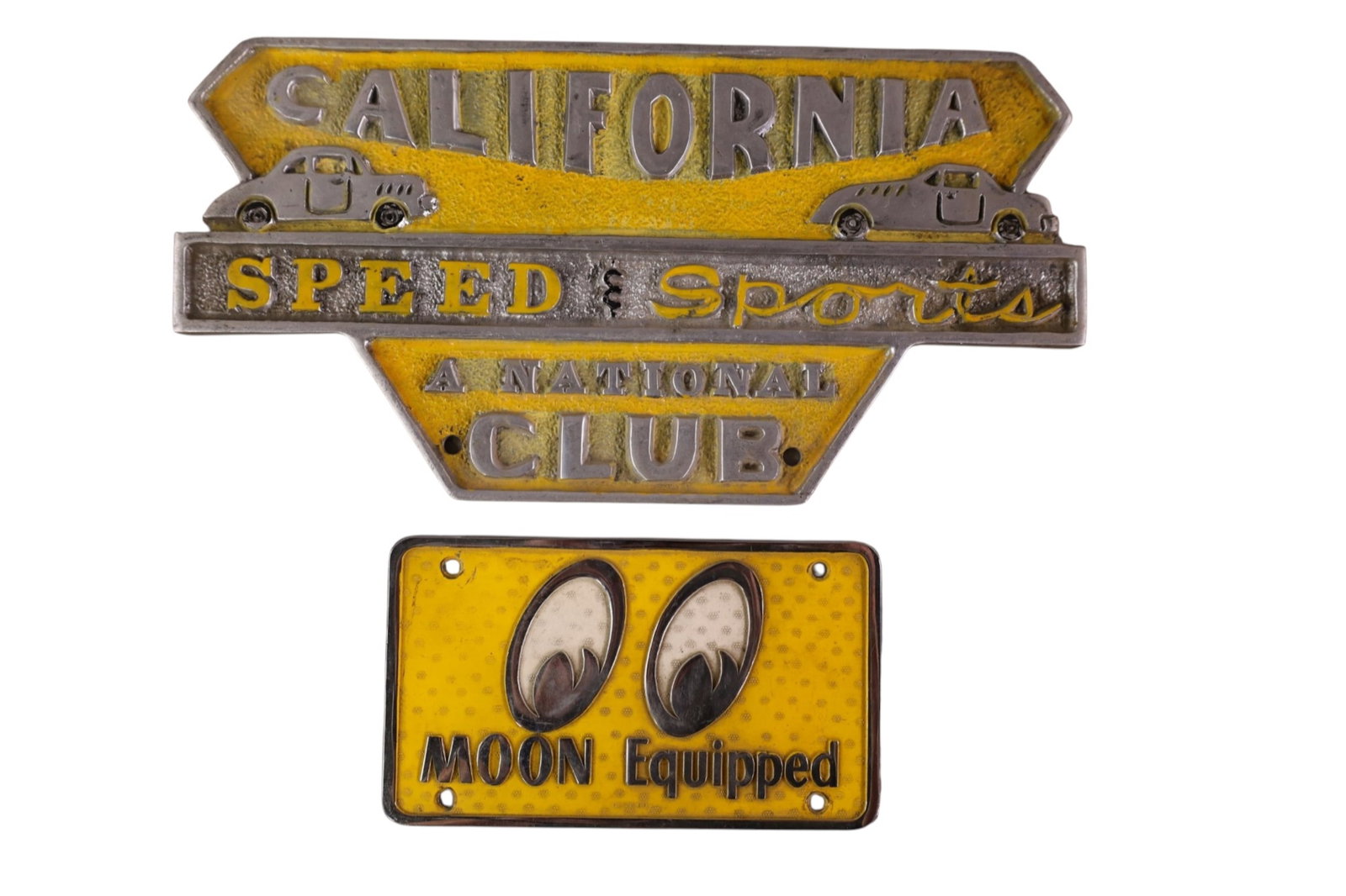 2 CAR CLUB PLAQUES: CA SPEED AND SPORT NATIONAL CLUB & MOON EQUIPPED CAR CLUB PLAQUE. 11" W & 6" W.
