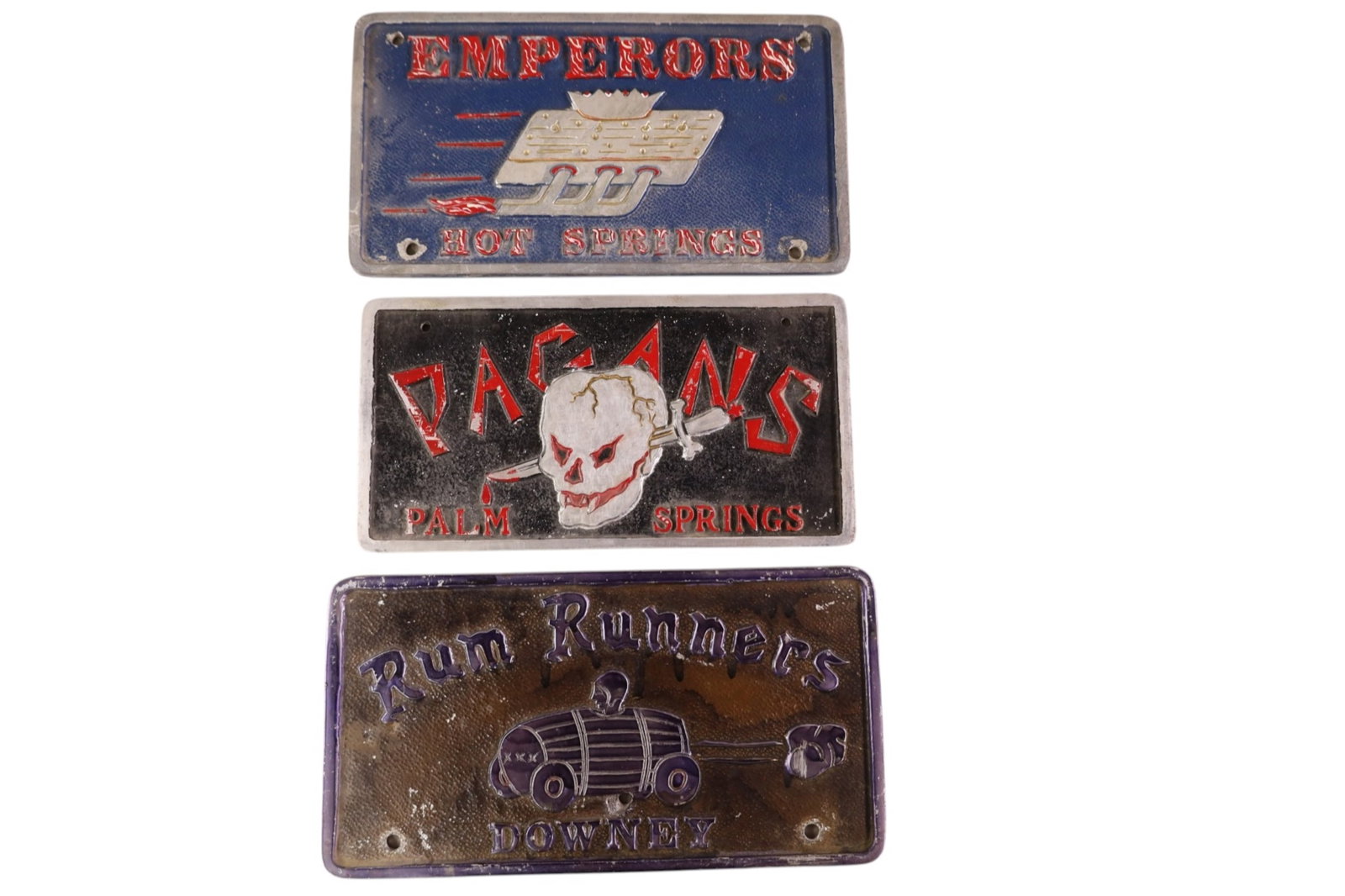 3 CAR CLUB PLAQUES: PAGANS PALM SPRINGS, EMPERORS HOT SPRINGS, & RUM RUNNERS DOWNY. 9 1/2" - 10 1/2" W