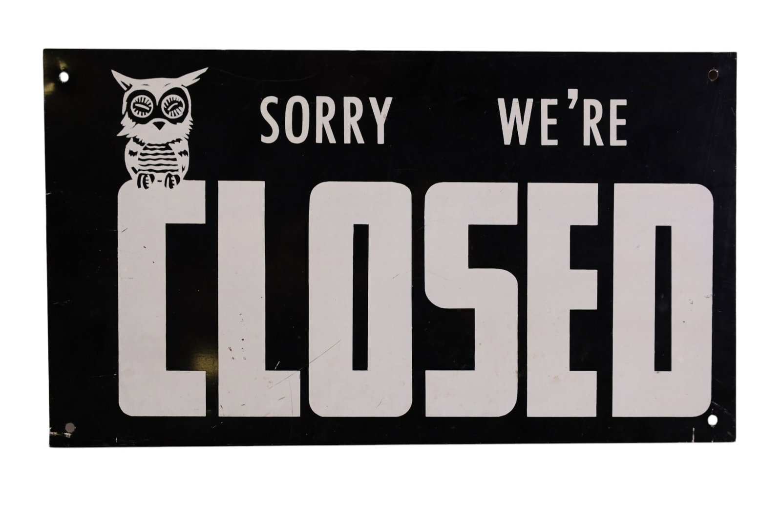 OPEN / CLOSED SIGN: PAINTED METAL OPEN CLOSED SIGN, WITH OWL GRAPHIC. SCRATCHES. 14" x 8"