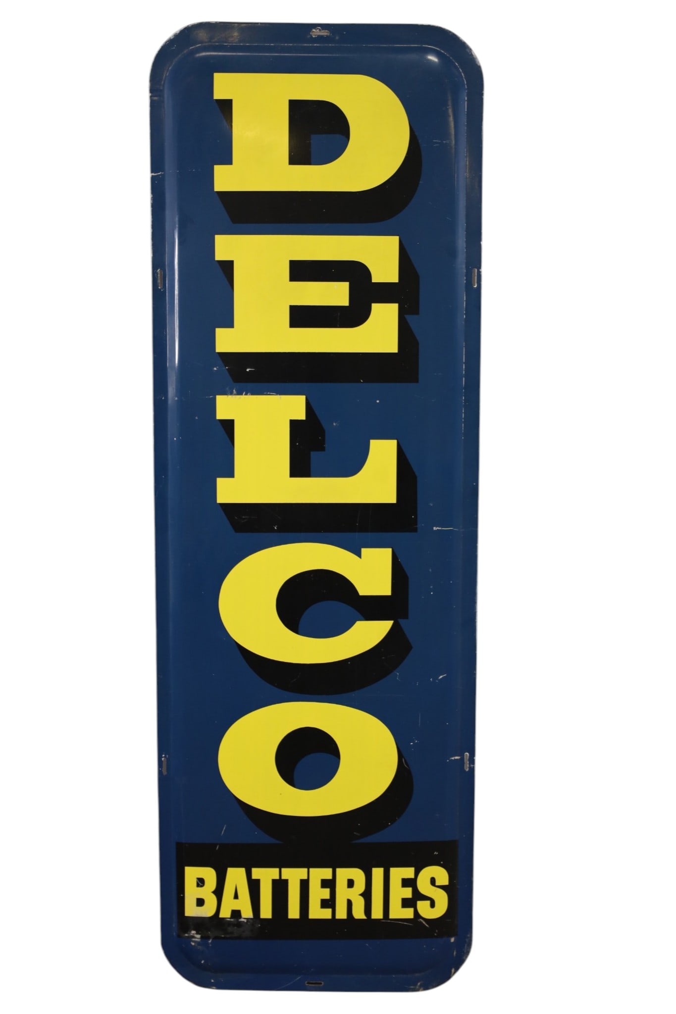 DELCO BATTERIES METAL SIGN: LARGE SST DELCO BATTERIES SIGN, SCRATCHES, SOME PAINT LOSS 20" x 61"