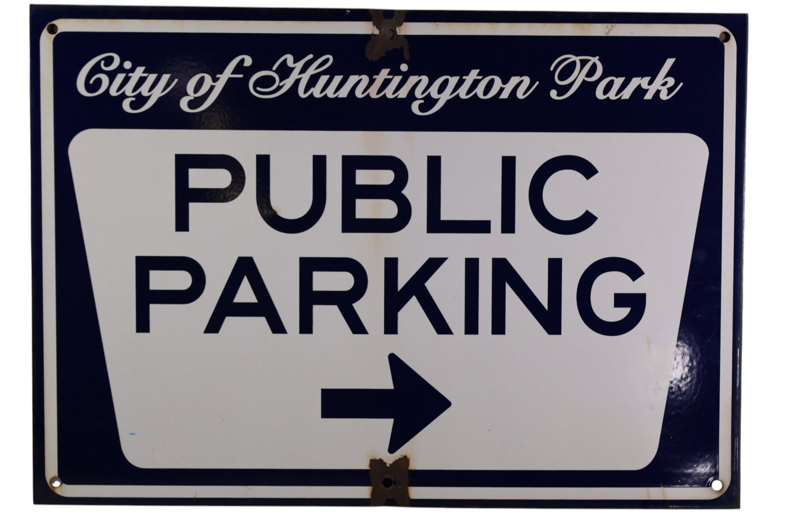 HUNTINGTON PARK PUBLIC PARKING PORCELAIN SIGN: SSP CITY OF HUNTINGTON PARK (CALIFORNIA) PUBLIC PARKING SIGN. CHIPS NEAR MOUNTING HOLES. 30" x 21"