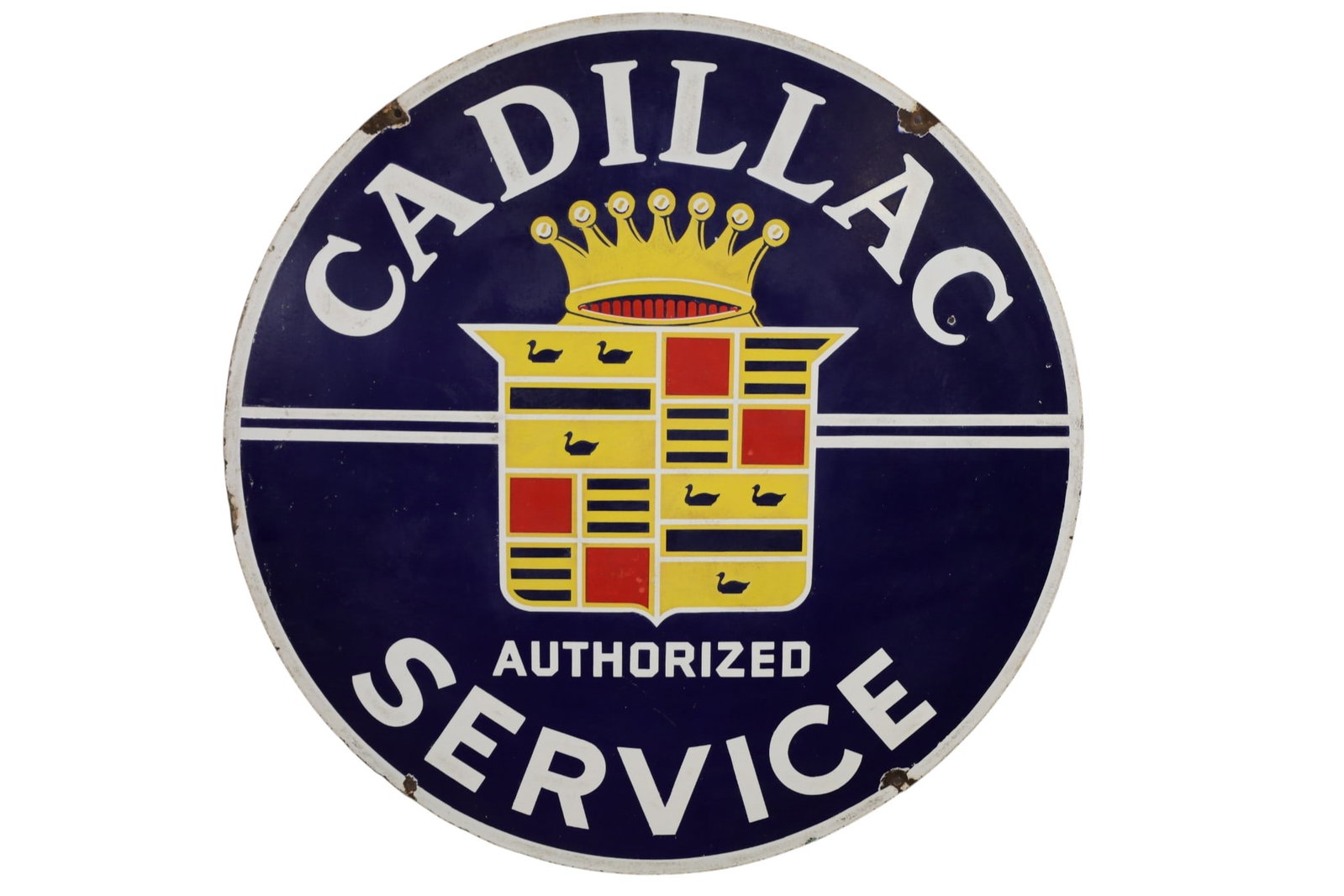 CADILLAC AUTHORIZED SERVICE PORCELAIN SIGN (TAC): LARGE DSP CADILLAC AUTHORIZED SERVICE SIGN, CHIPS NEAR MOUNTING HOLES, SLIGHT DISCOLORATION AND LIGHT SCRATCHES. VERY LITTLE GLOSS, WEAR AROUND GROMETS. HAZING & SCUFFMARKS. 42" DIAM. RATED