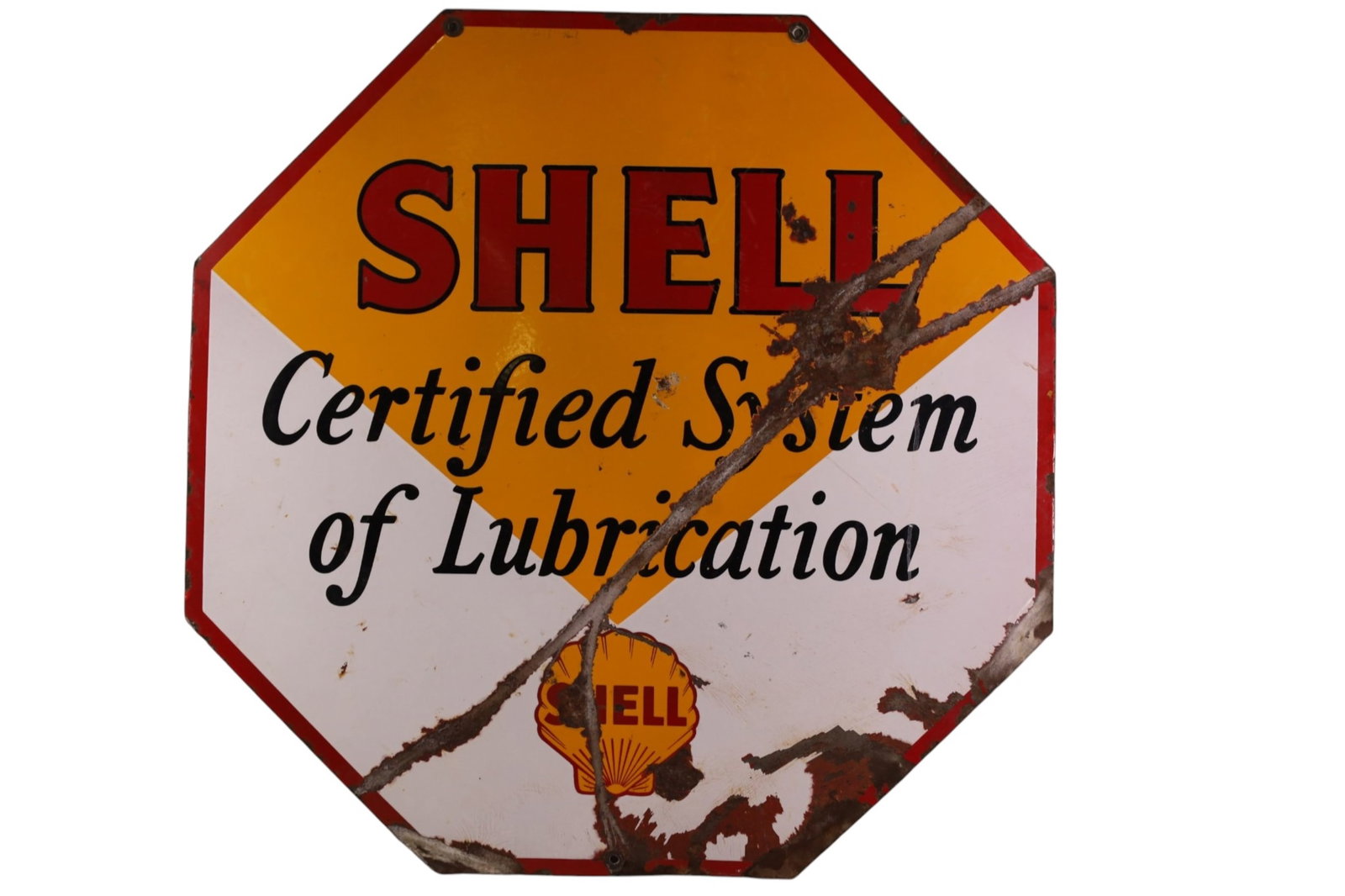 SHELL PORCELAIN SIGN: DSP STOP SIGN SHAPED SHELL CERTIFIED SYSTEM OF LUBRICATION SIGN, FOLDED, RUST. SIGN LOSS. 30" x 30"
