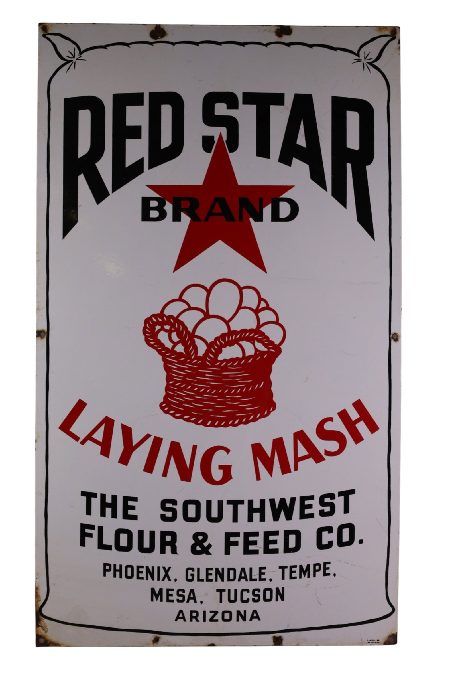 RED STAR BRAND LAYING MASH PORCELAIN SIGN (TAC): LARGE SSP RED STAR LAYING MASH, ARIZONA. GOOD GLOSS & COLOR. MINOR SCRATCHING & RUST STAIN. FIELD IS GOOD. 21" x 36" RATED 8.75. TAC#063405