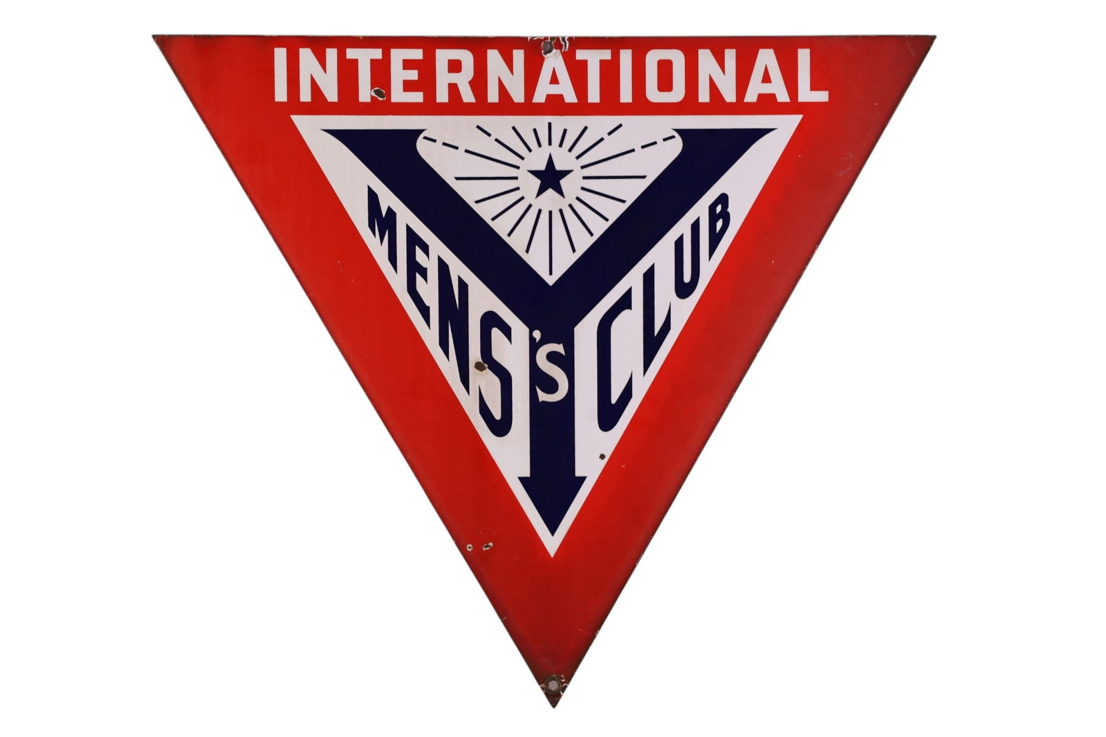 INTERNATIONAL MENS CLUB PORCELAIN SIGN: TRIANGLE SSP INTERNATION MENS CLUB SIGN, 27 1/2" x 23 3/4"