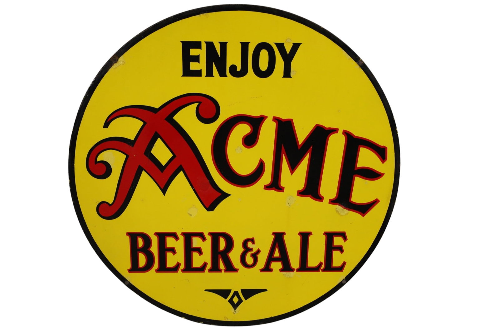 ENJOY ACME BEER & ALE PORCELAIN SIGN (TAC): DSP ENJOY ACME BEER & ALE SIGN, TOUCH UP PAINT. ONE SIDE DISPLAYS LARGE CHIPS ON FIELD. GOOD GLOSS & SHINE ON BOTH SIDES. 41 3/4" DIAM. RATED 8. TAC#063406