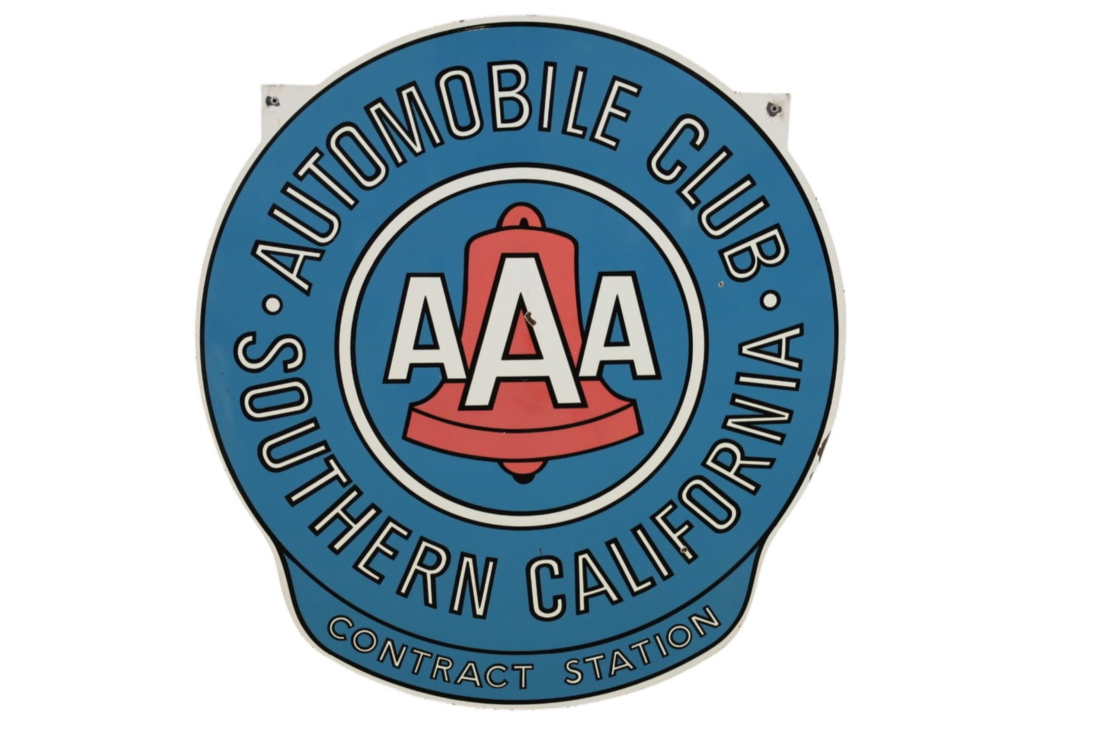 AAA AUTO CLUB OF SO CAL PORCELAIN SIGN: LARGE DSP AAA AUTO CLUB OF SOCAL CONTACT STATION PORCELAIN SIGN. SMALL CHIPS. 36" x 39"