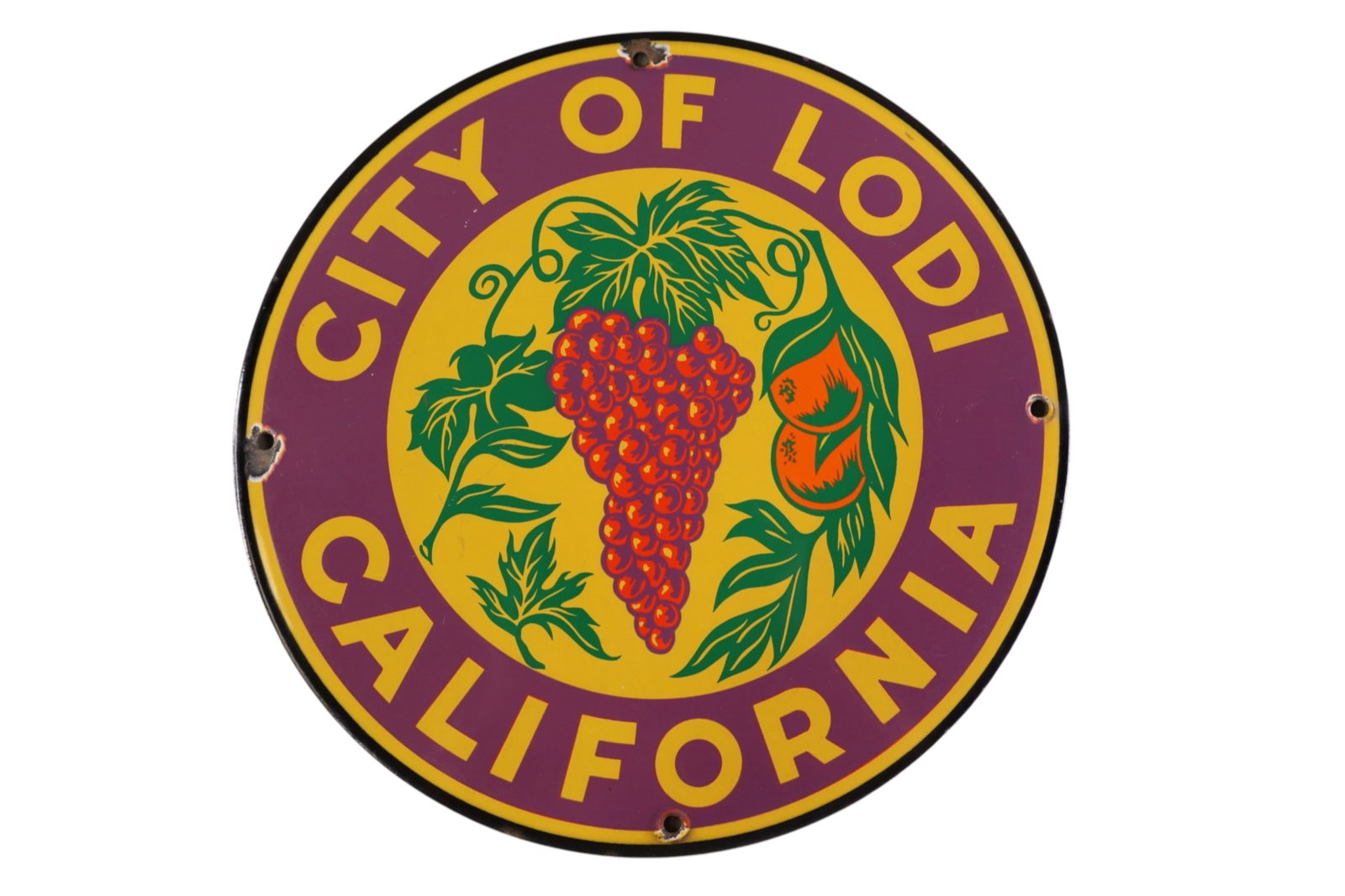 CITY OF LODI PORCELAIN SIGN: SSP CITY OF LODI CALIFORNIA CITY SIGN, CHIPS. 10 1/2" DIAM