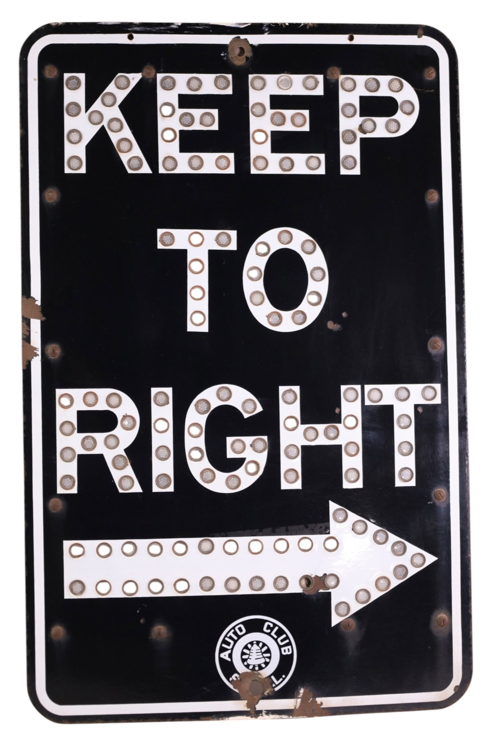 AUTO CLUB OF SO CAL KEEP TO RIGHT PORCELAIN SIGN: SSP CAT EYE REFLECTOR AUTO CLUB OF SO CAL KEEP TO THE RIGHT SIGN, CHIPS. 18" x 28"