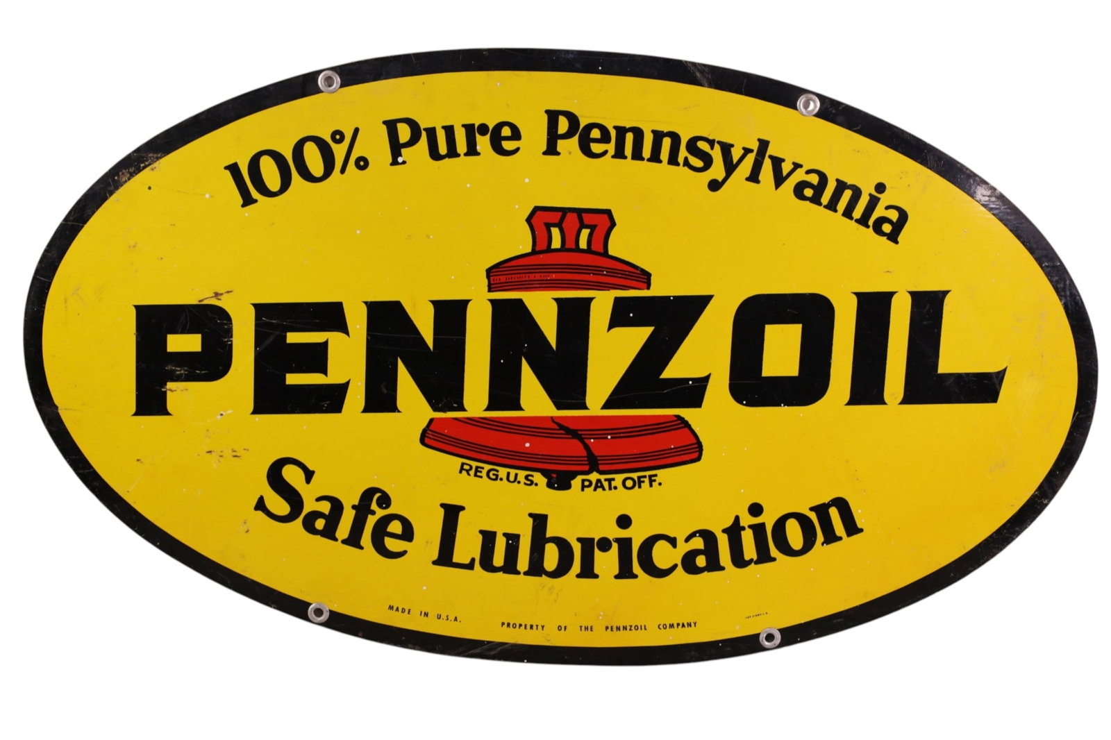 PENNZOIL PORCELAIN SIGN: DSP PENNZOIL SAFE LUBRICATION SIGN, CHIPS, PAINT LOSS. OVERSPRAY. 31" x 18"