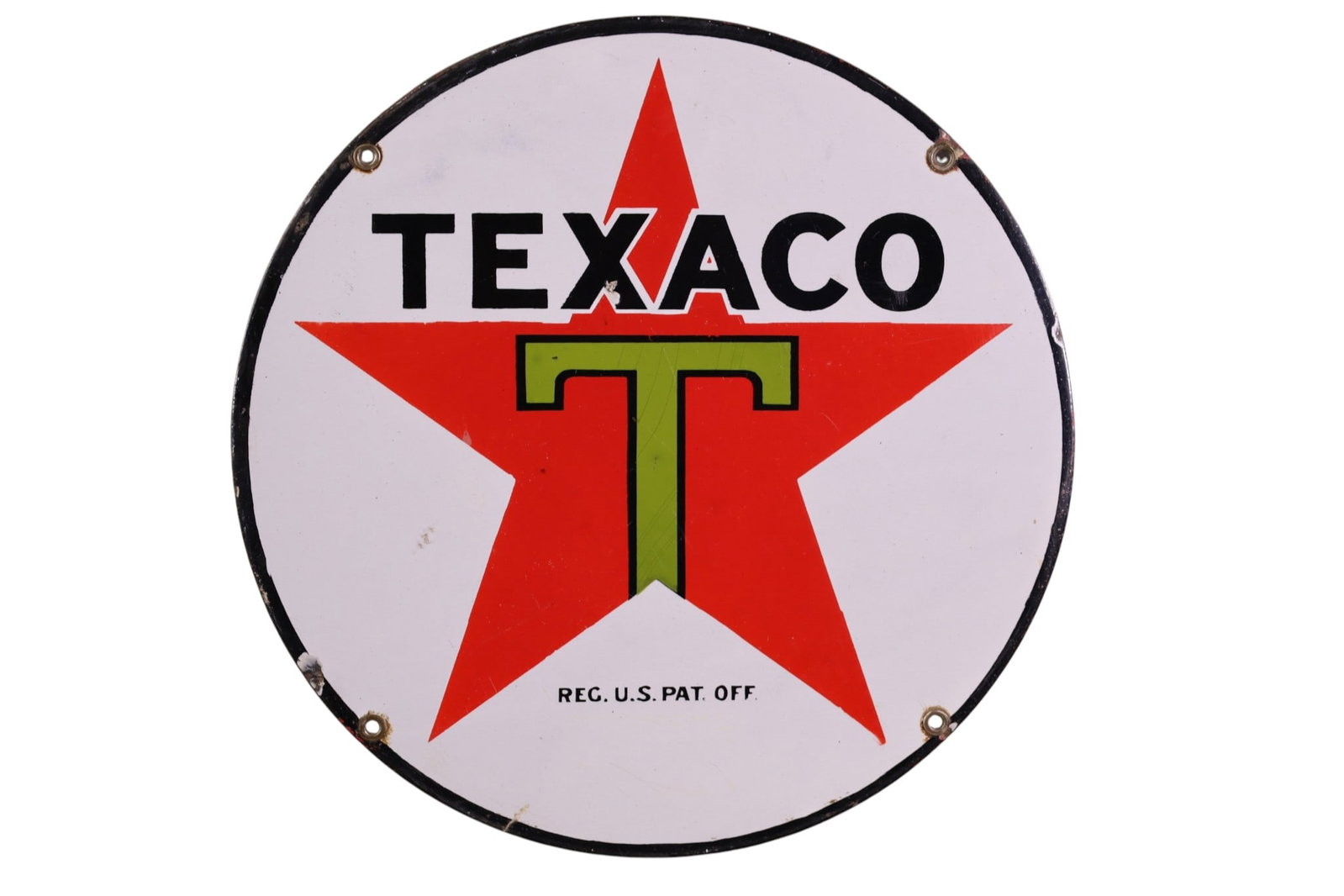 TEXACO PORCELAIN PUMP PLATE: SSP TEXACO STAR GREEN T SIGN, CHIPS, SCRATCHES. 15" DIAM.
