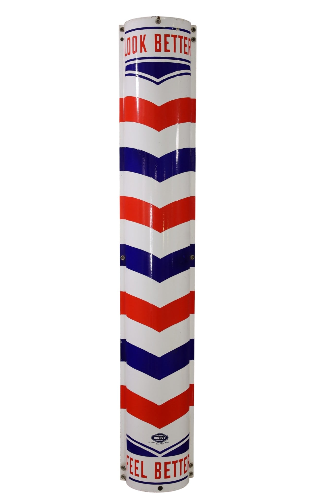 PORCELAIN BARBER POLE: SSP PORCELAIN MARVY BARBER POLE SIGN, LOOK BETTER, FEEL BETTER. 48" x 8" (3 1/2" D).