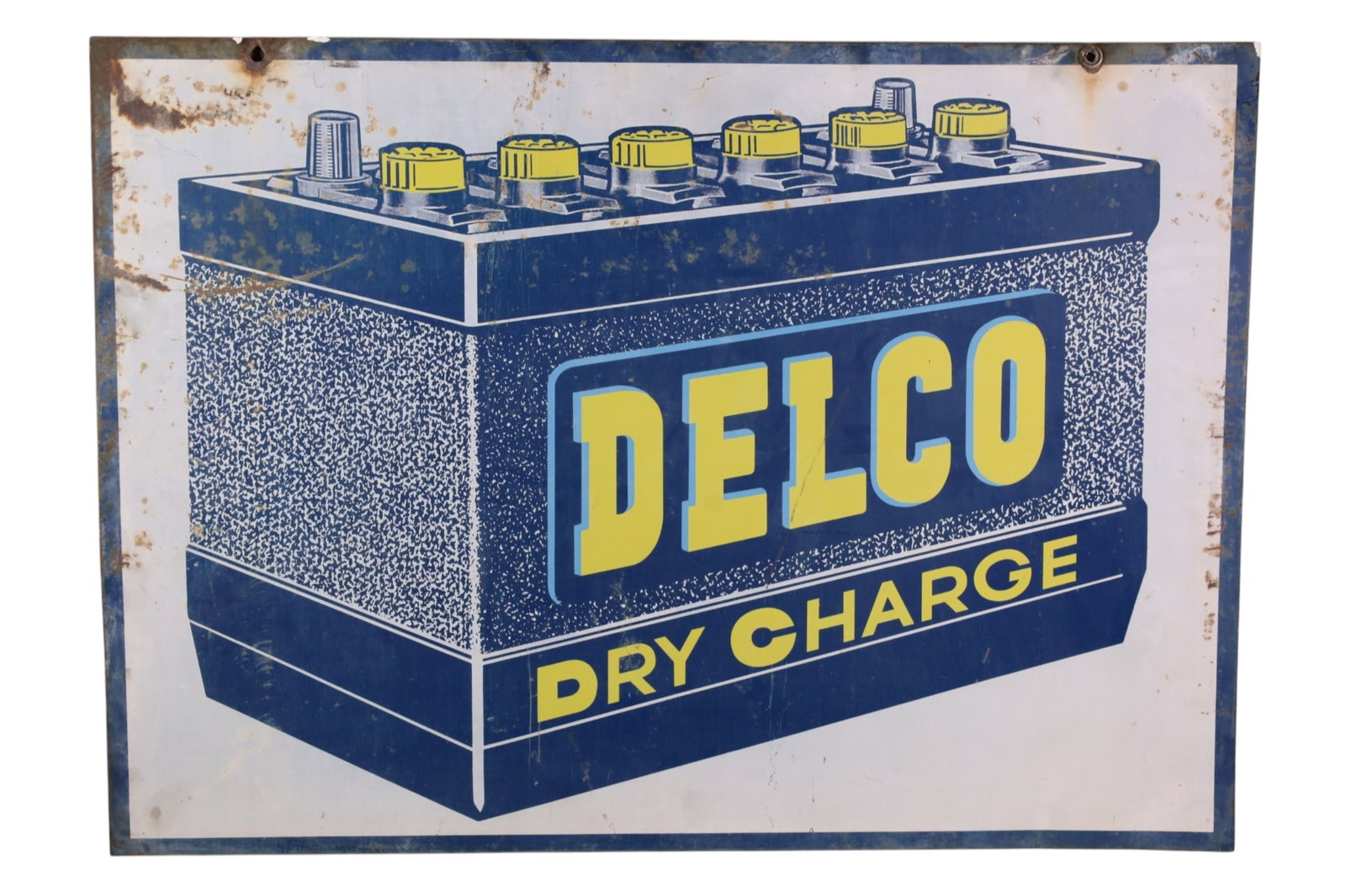 DELCO BATTERIES METAL SIGN: DST DELCO BATTERIES DRY CHARGE SIGN, DISCOLORATION, RUST. 28" X 20"
