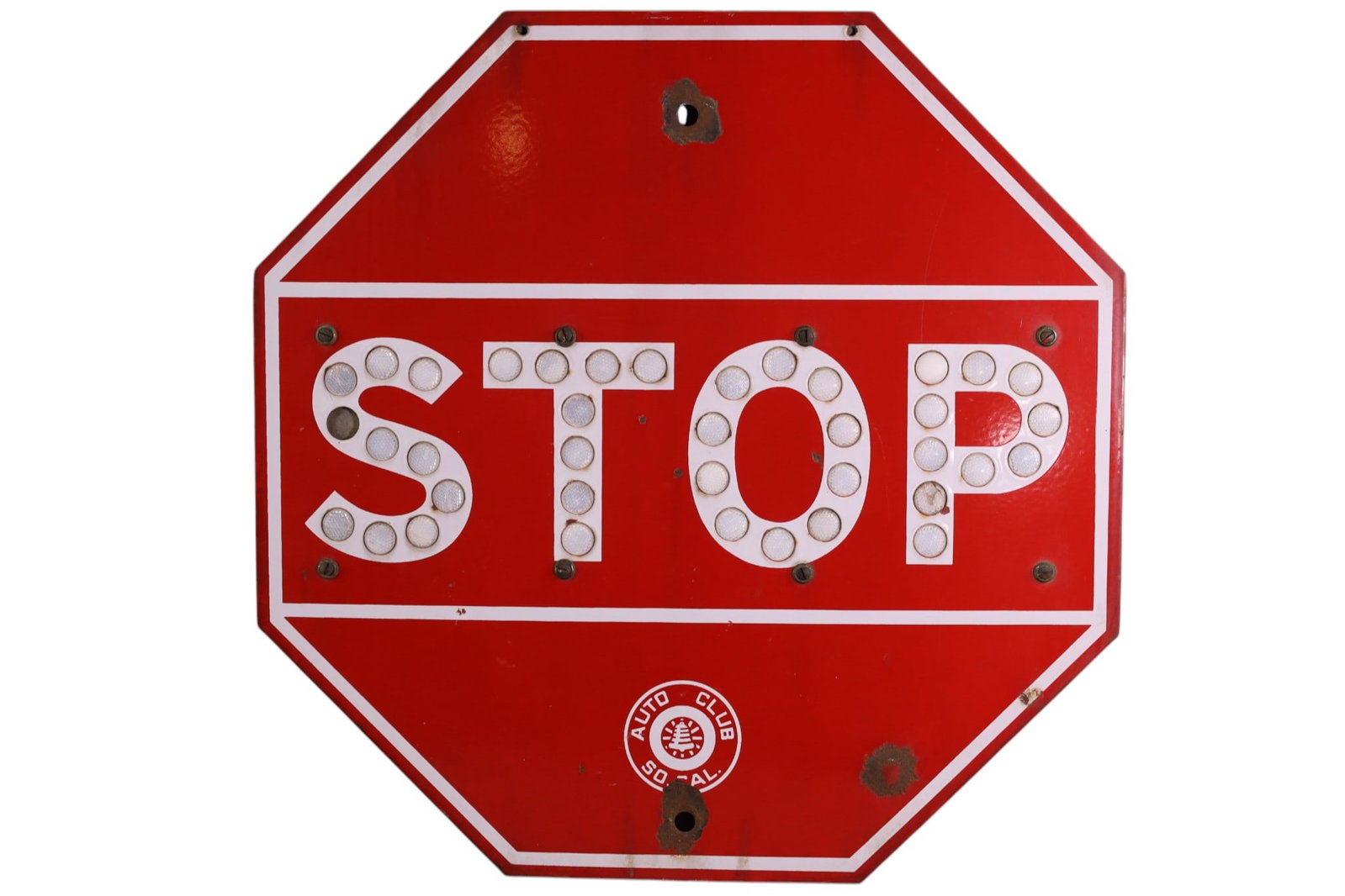 AUTO CLUB STOP SIGN: SSP AUTO CLUB OF SO CAL STOP SIGN, REFLECTORS. CHIPS. 24" x 24"