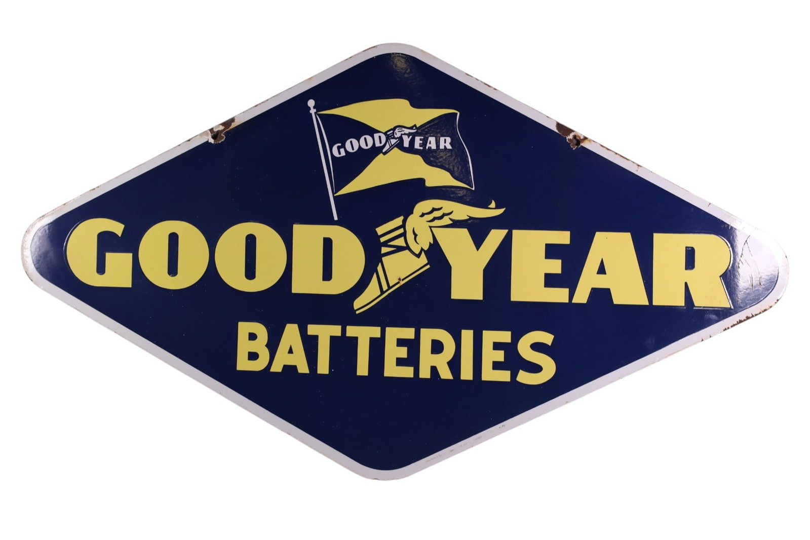 GOODYEAR BATTERIES PORCELAIN SIGN: LARGE DSP GOODYEAR BATTERIES SIGN WITH LOGO. CHIPS NEAR MOUNTING HOLES. 47 1/2" x 26 1/2"