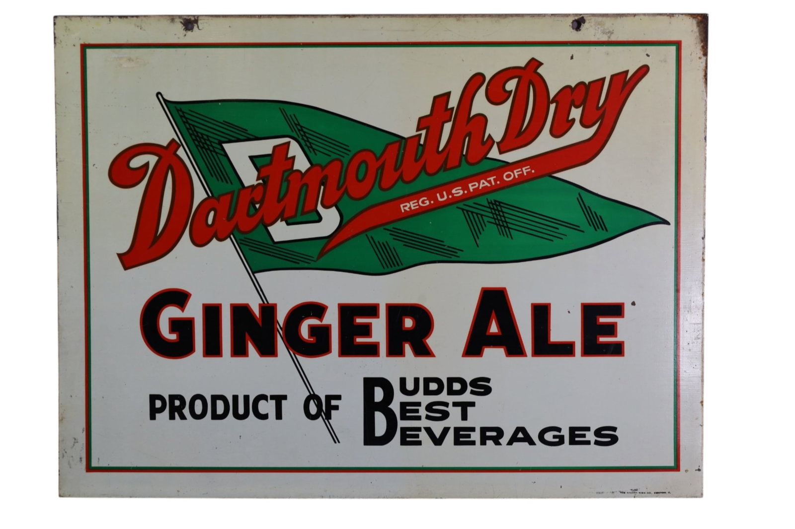 DARTMOUTH DRY GINGER ALE METAL SIGN: DST DARTMOUTH DRY GINGER ALE SIGN, BUDDS BEST BEVERAGES. SCRATCHES & PAINT LOSS. 23 3/4" x 17 3/4"
