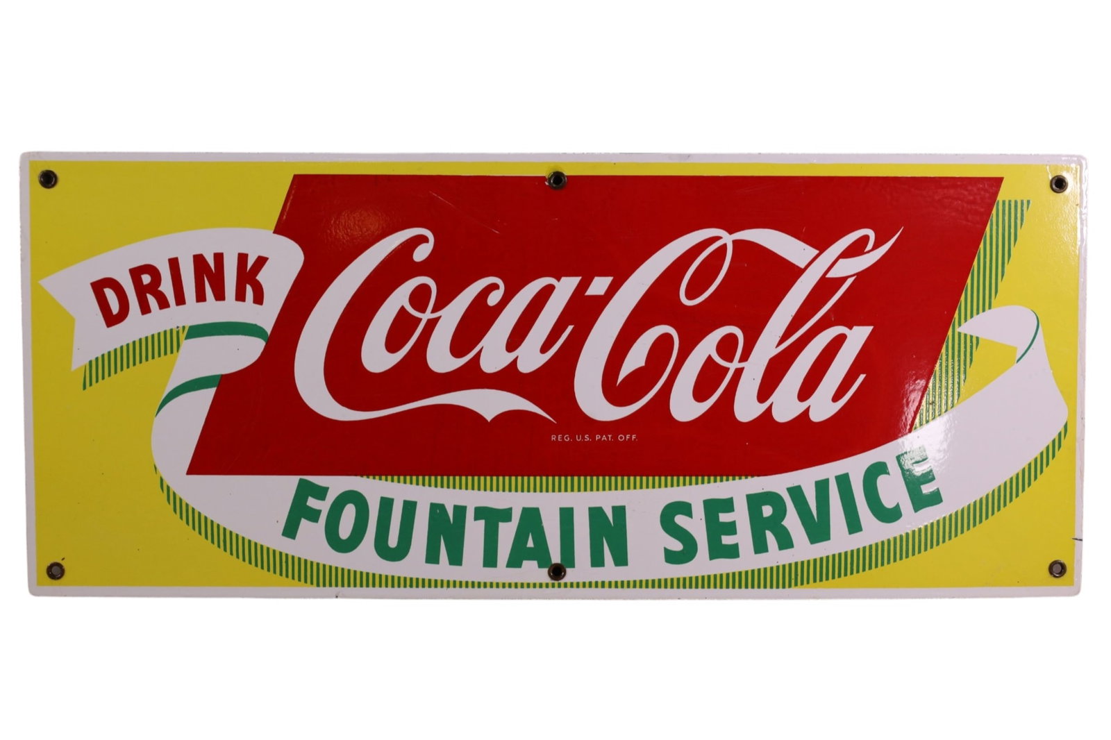 COCA COLA FOUNTAIN SERVICE PORCELAIN SIGN: SSP DRINK COCA COLA FOUNTAIN SERVICE SIGN, TOUCH UP PAINT. 28" x 12"