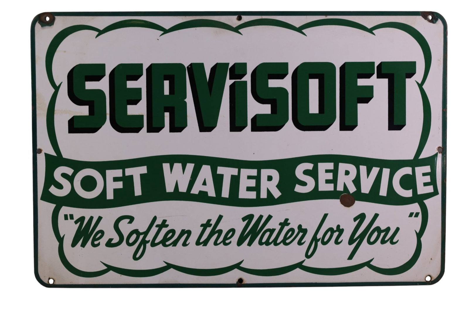 SERVISOFT PORCELAIN SIGN: SSP SERVISOFT WATER, SOFT WATER SERVICE SIGN, CHIPS. 24" x 16"
