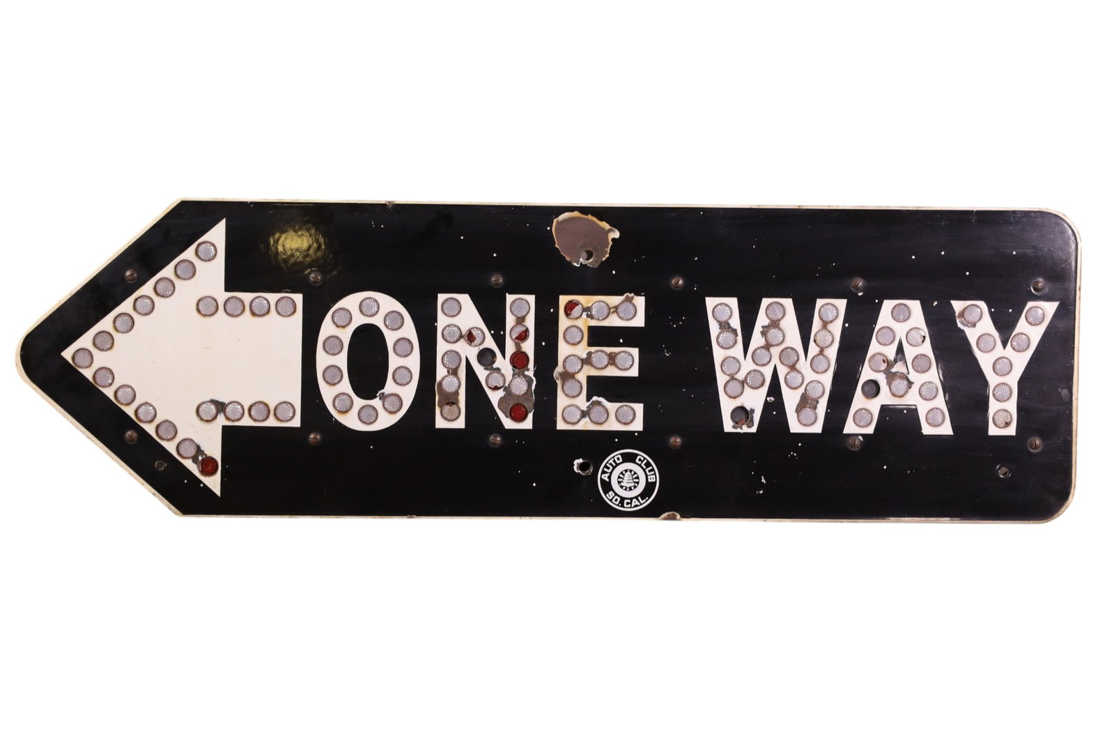 AUTO CLUB ONE WAY PORCELAIN SIGN: SSP AUTO CLUB OF SO CAL ONE WAY SIGN, PLASTIC REFLECTORS. MISSING SOME REFLECTORS. 40" x 12"