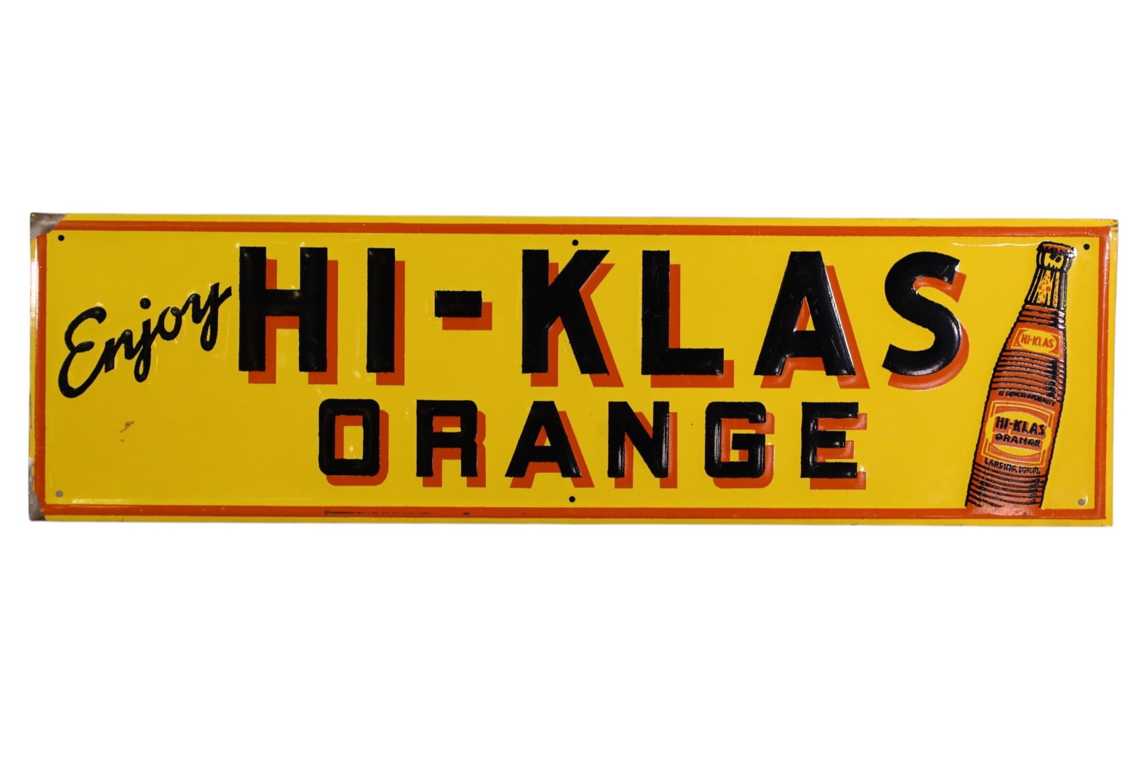 HI KLAS ORANGE METAL SIGN: EMBOSSED SST HI KLAS ORANGE SIGN, SCRATCHES, PAINT LOSS. 28" x 8"