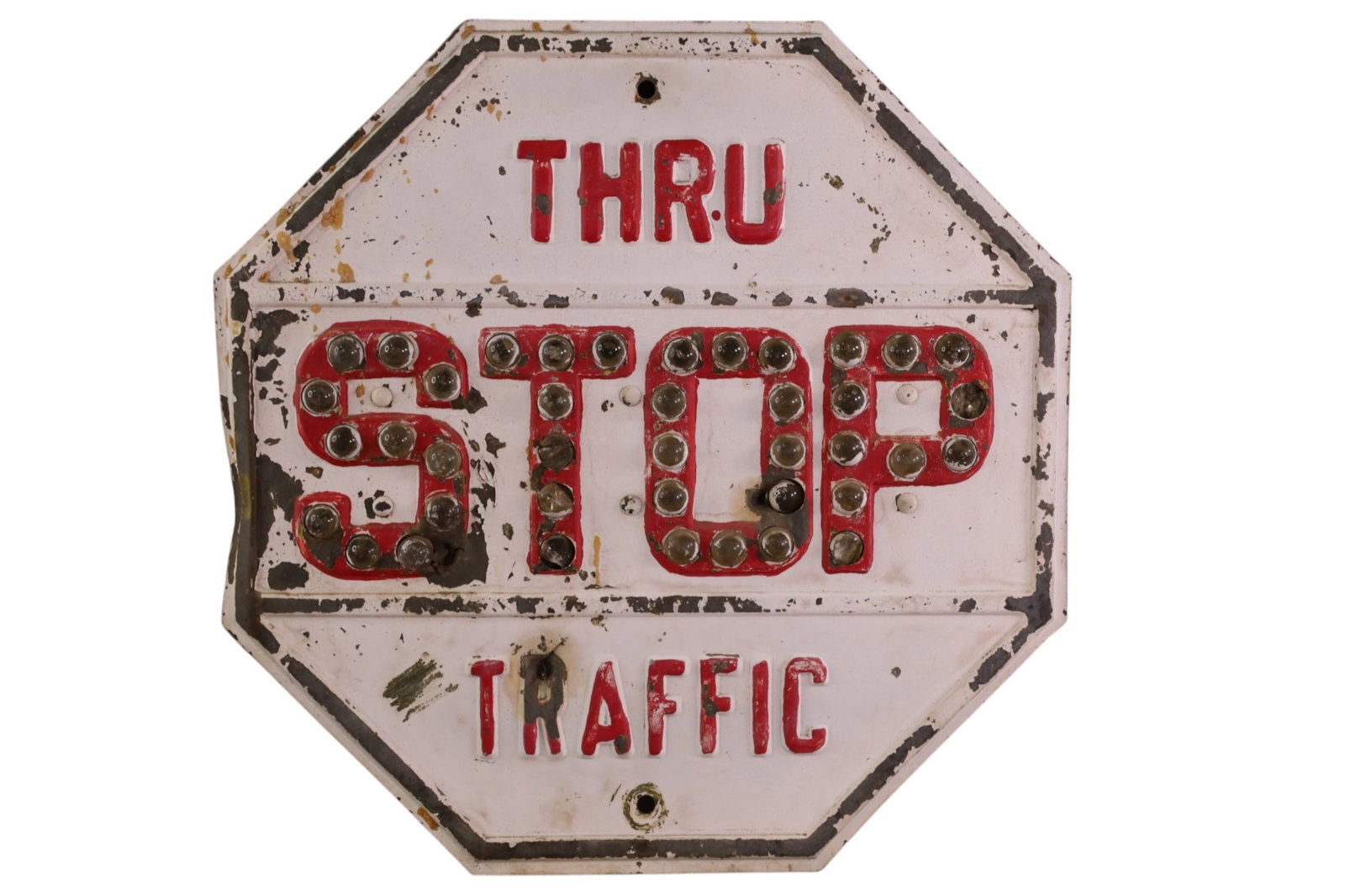 STOP THRU TRAFFIC METAL SIGN: PAINTED METAL, GLASS REFLECTORS, REPAINTED. PAINT LOSS. 18" x 18"