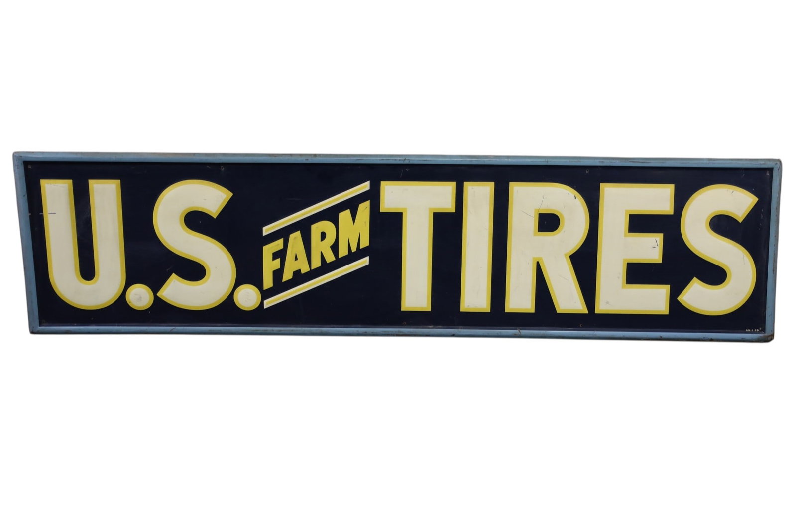 U.S. FARM TIRES METAL SIGN: LARGE EMBOSSED SST U.S. FARM TIRES SIGN, LIGHT SCRATCHES. RUST. 96" x 24" THIS ITEM EXCEEDS SIZE, WEIGHT, AND OR FRAGILITY LIMITATIONS FOR IN HOUSE SHIPPING, MUST BE PICKED UP IN HOUSE OR SHIPPED VIA