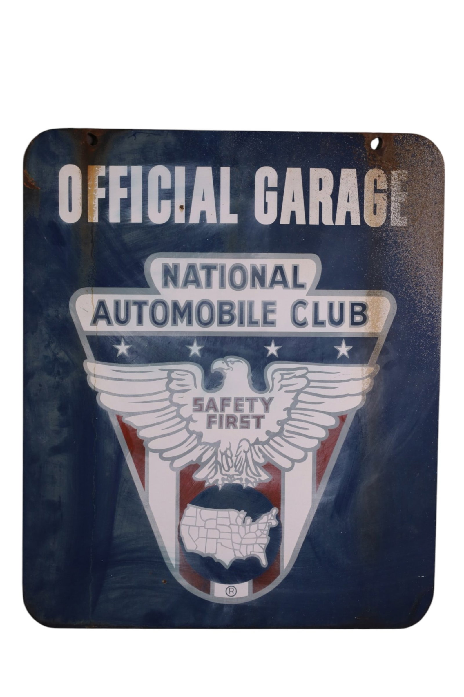 NATIONAL AUTO CLUB METAL SIGN: DOUBLE SIDED PAINTED METAL NATIONAL AUTO CLUB SIGN, RUST, PAINT LOSS. 18" x 21 1/2"