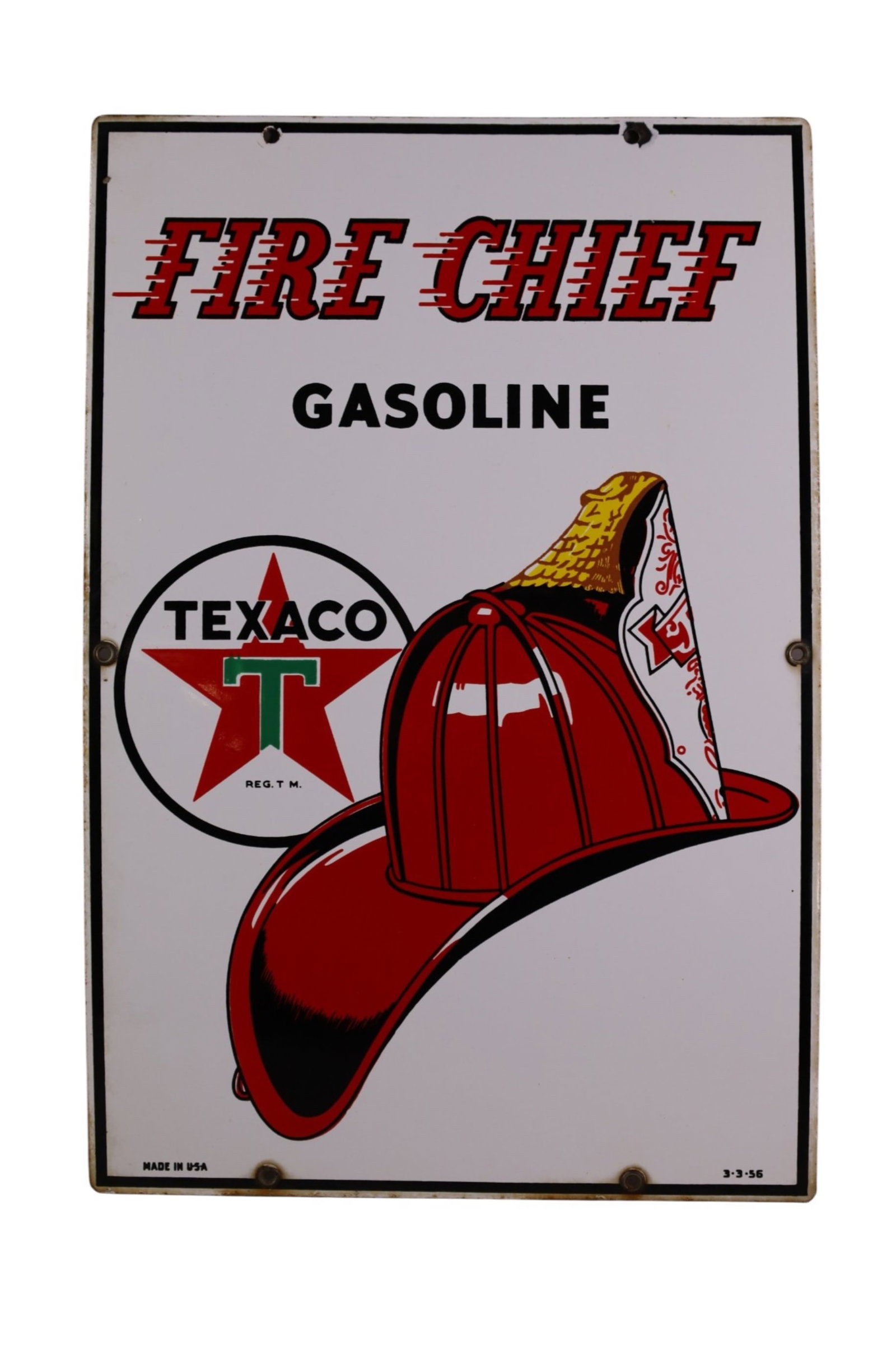 TEXACO FIRE CHIEF PORCELAIN PUMP PLATE: SSP TEXACO, FIRE CHIEF GASOLINE PUMP PLATE, MINOR RUST. 12" x 18"