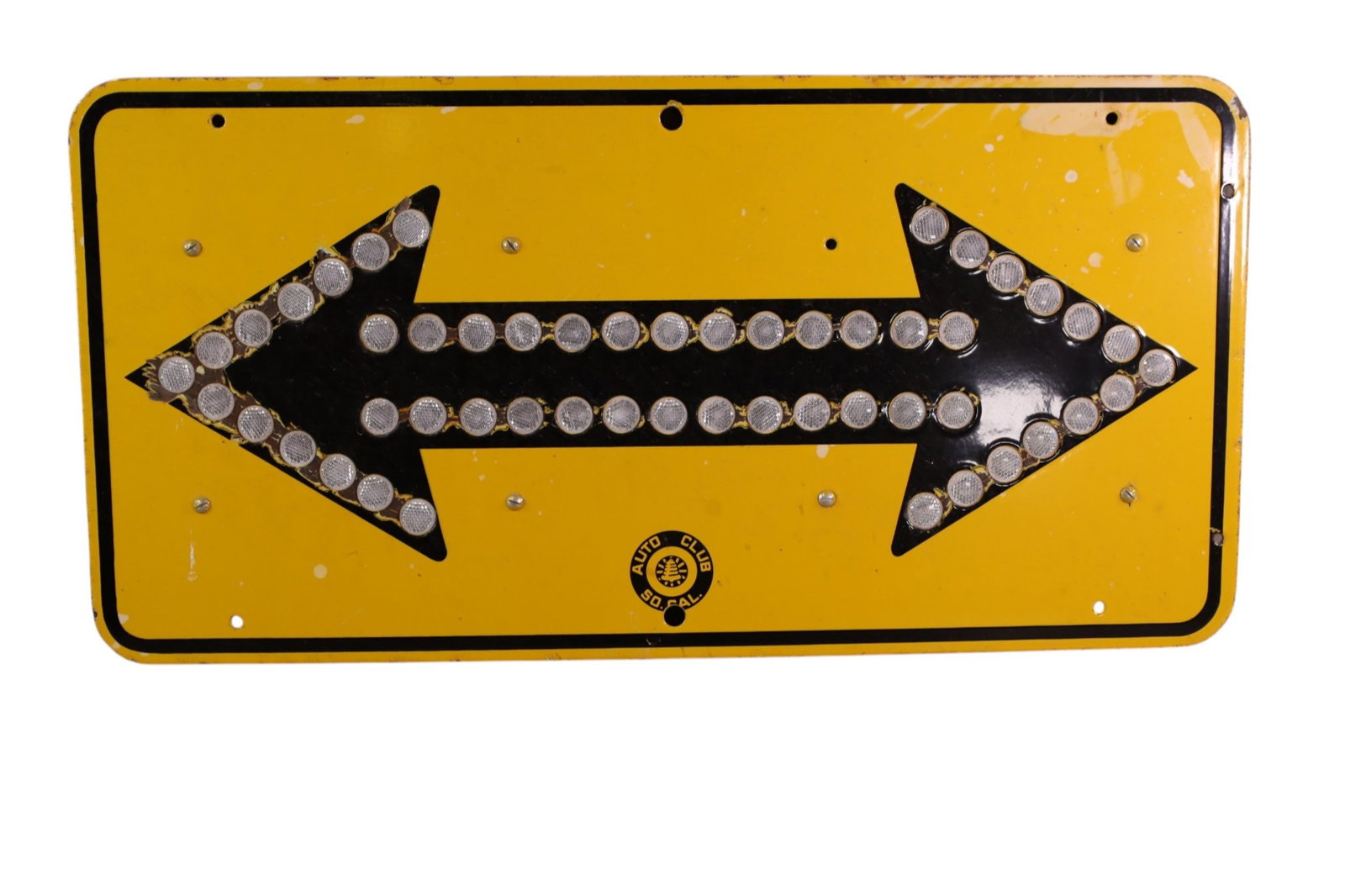 AUTO CLUB ARROW SIGN: SSP AUTO CLUB OF SO CAL DOUBLE ARROW SIGN WITH PLASTIC REFLECTORS, CHIPS, DISCOLORATION. 30" x 15"