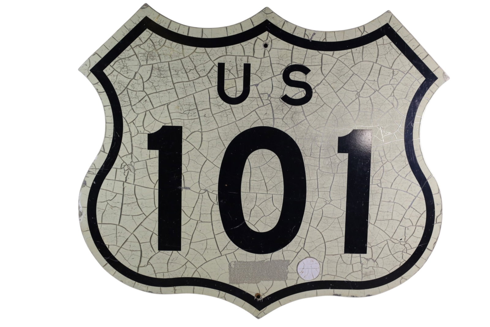 HIGHWAY 101 SHIELD ALUMINUM SIGN: LARGE HIGHWAY 101 SHIELD ALUMINUM SIGN, PAINT CRACKS. 35" x 30"