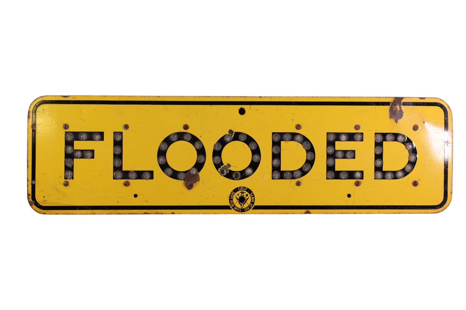FLOODED PORCELAIN SIGN: SSP CA DEPT OF WORK, FLOODED SIGN, PLASTIC REFLECTORS. CHIPS. RUST. 36" x 10"