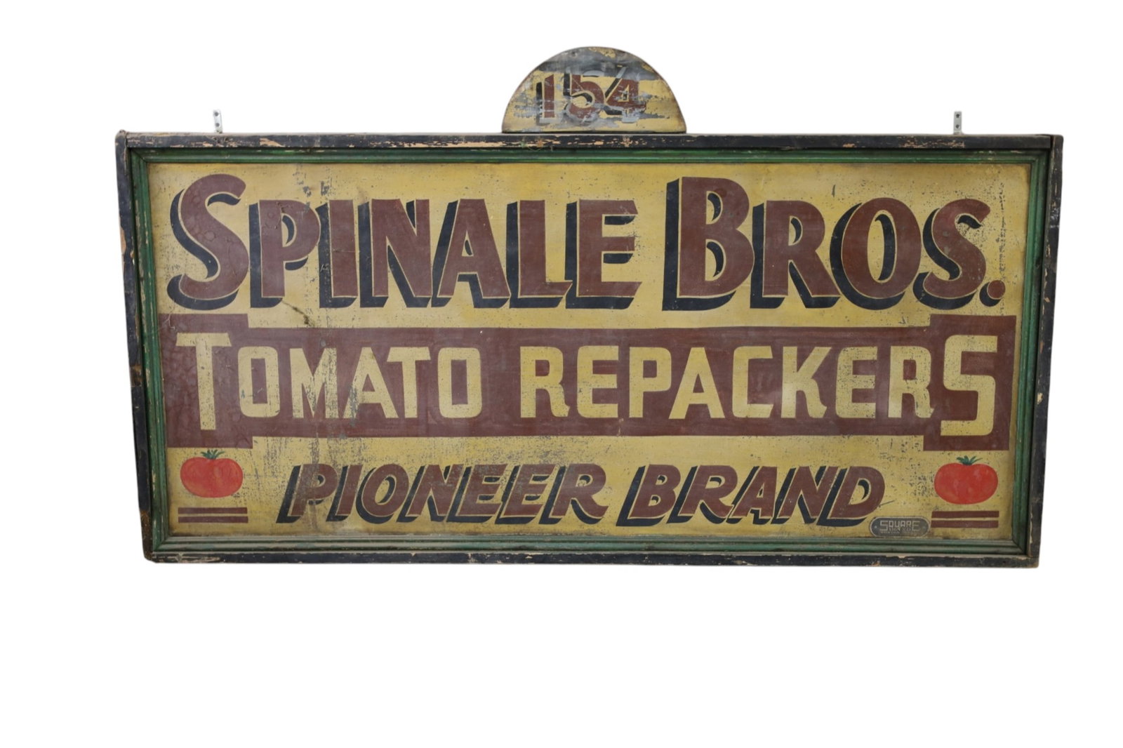 SPINALE BROS. TOMATO PAINTED METAL SIGN: LARGE PAINTED METAL SIGN IN WOODEN FRAME, SPINALE BROS. TOMATO REPACKERS, PIONEER BRAND. PAINT LOSS. FADED. 61" x 29" THIS ITEM EXCEEDS SIZE, WEIGHT, AND OR FRAGILITY LIMITATIONS FOR IN HOUSE