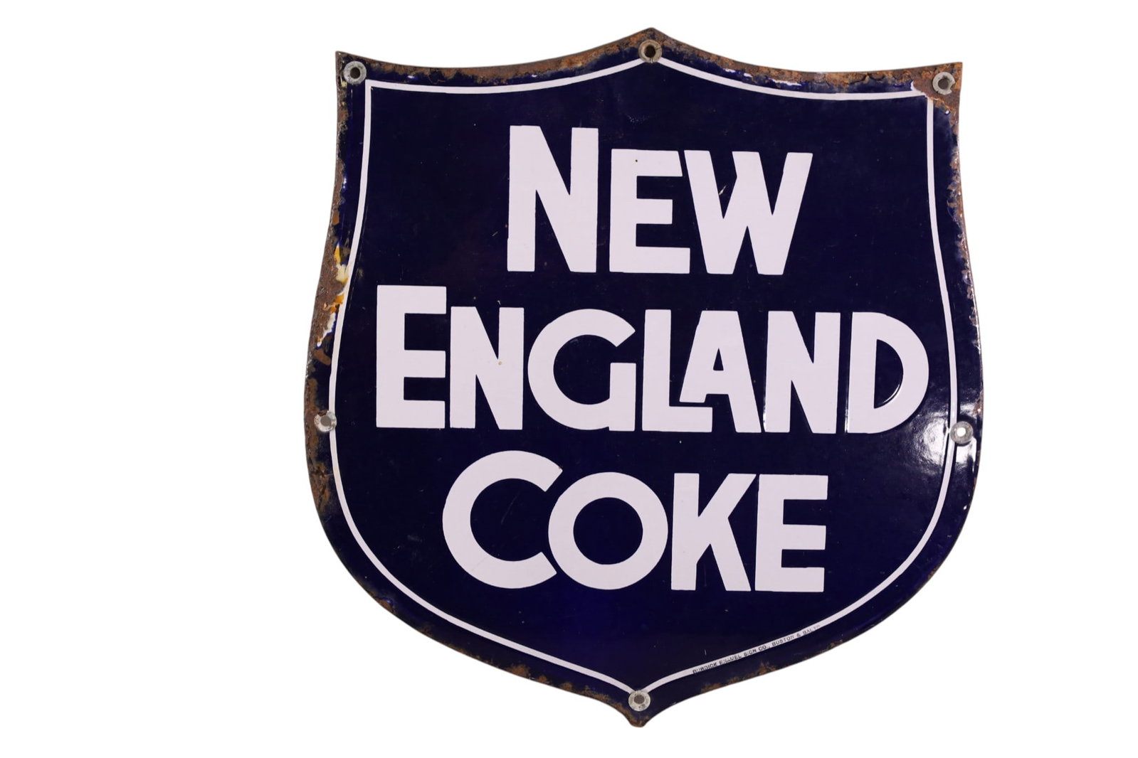 NEW ENGLAND COKE PORCELAIN SIGN: SSP NEW ENGLAND COKE SHEILD SIGN, CHIPS. RUST. 15" X 15"