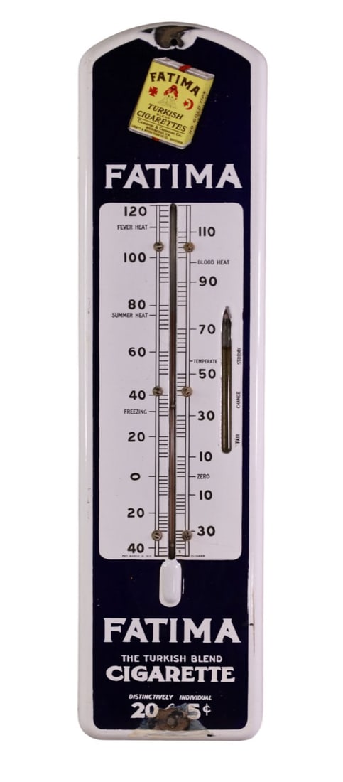 FATIMA CIGARETTE PORCELAIN THERMOMETER: SSP FATIMA CIGARETTE TURKISH BLEND THERMOMETER, CHIPS NEAR MOUNTING HOLES. 7" W x 27" H.