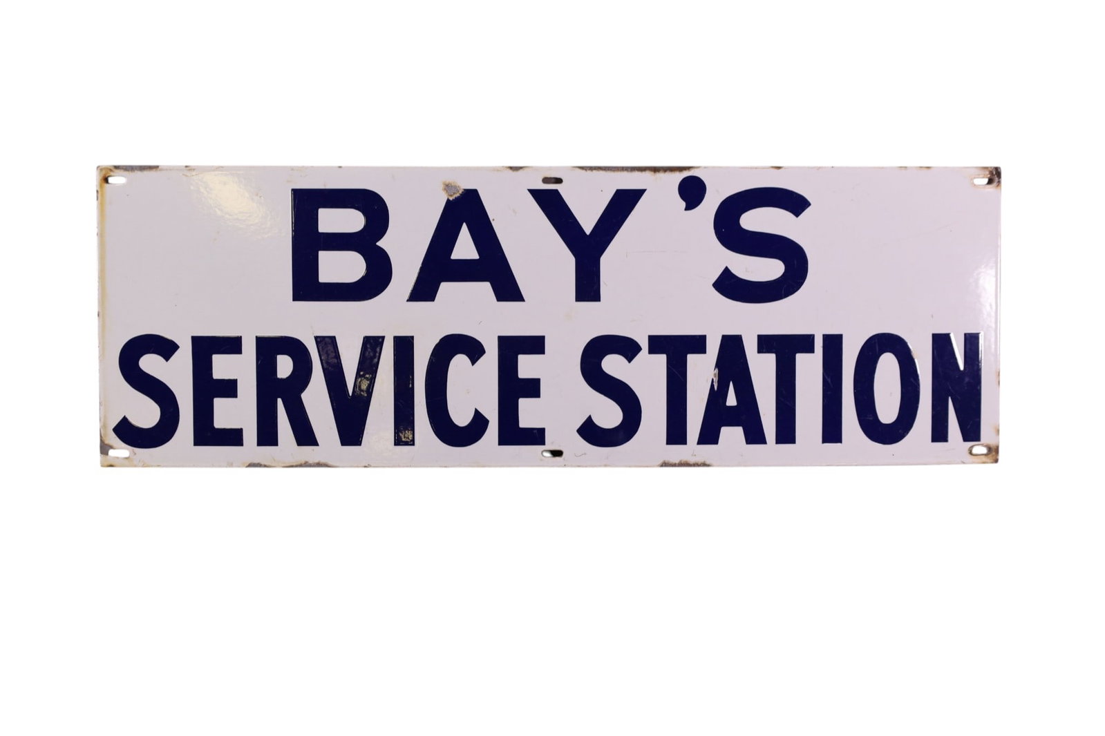 BAY'S SERVICE STATION PORCELAIN SIGN: SSP BAY'S SERVICE STATION SIGN, CHIPS. 30" x 10"