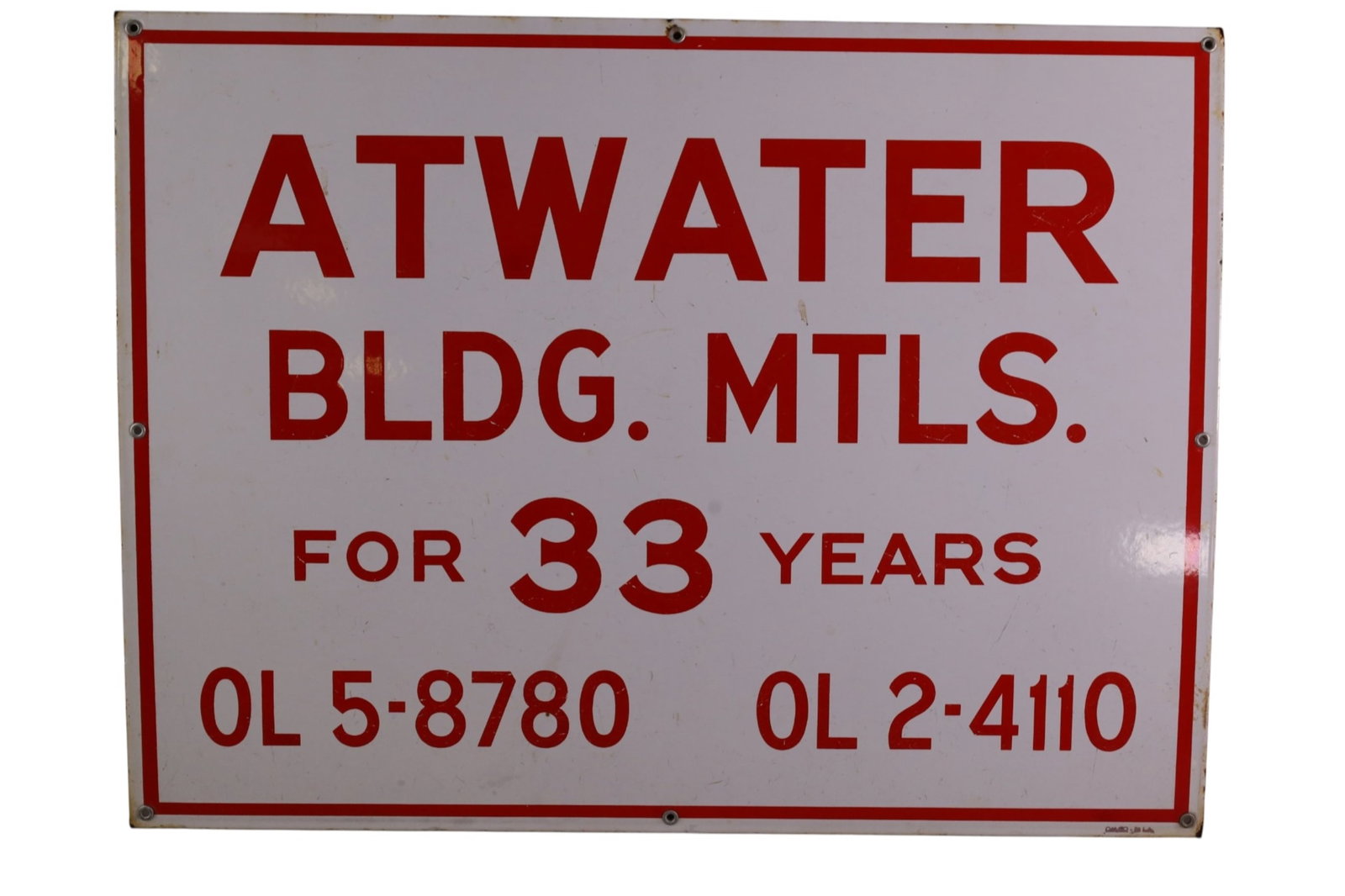 ATWATER BUILDING MATERIALS PORCELAIN SIGN: SSP ATWATER BUILDING MATERIALS SIGN, 24" x 18"