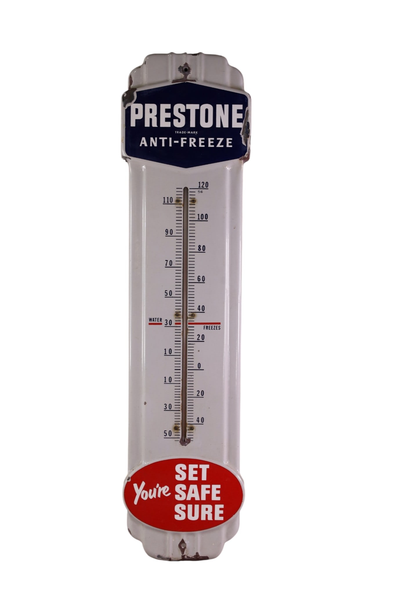 PRESTONE PORCELAIN THERMOMETER: SSP PRESTONE ANTIFREEZE THERMOMETER, CHIPS. 9" x 36"