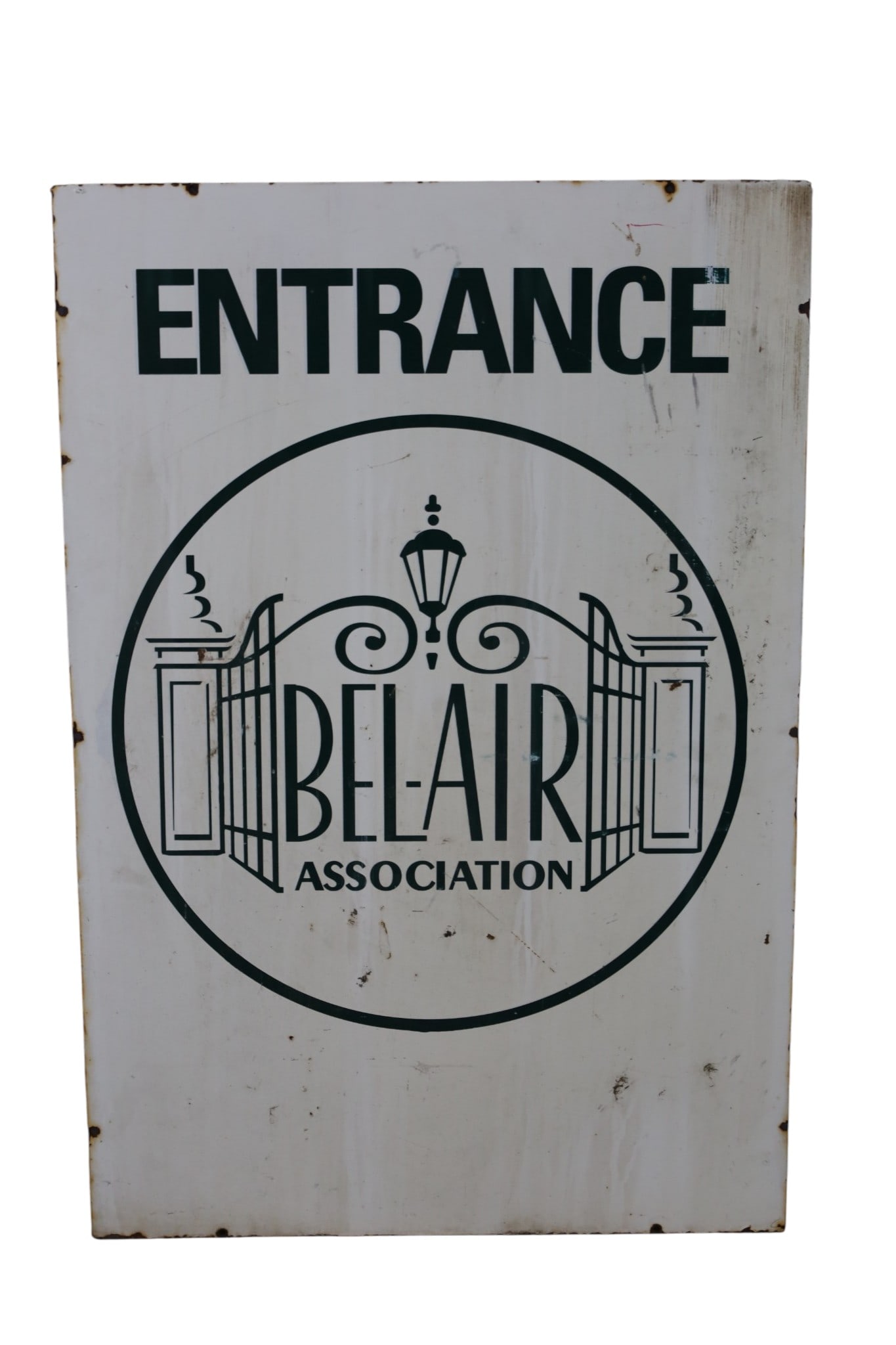 BEL-AIR ASSOC PORCELAIN SIGN: DSP BEL-AIR (BEVERLY HILLS) ASSOCIATION ENTRANCE SIGN, RUST, CHIPS. 24" x 36"