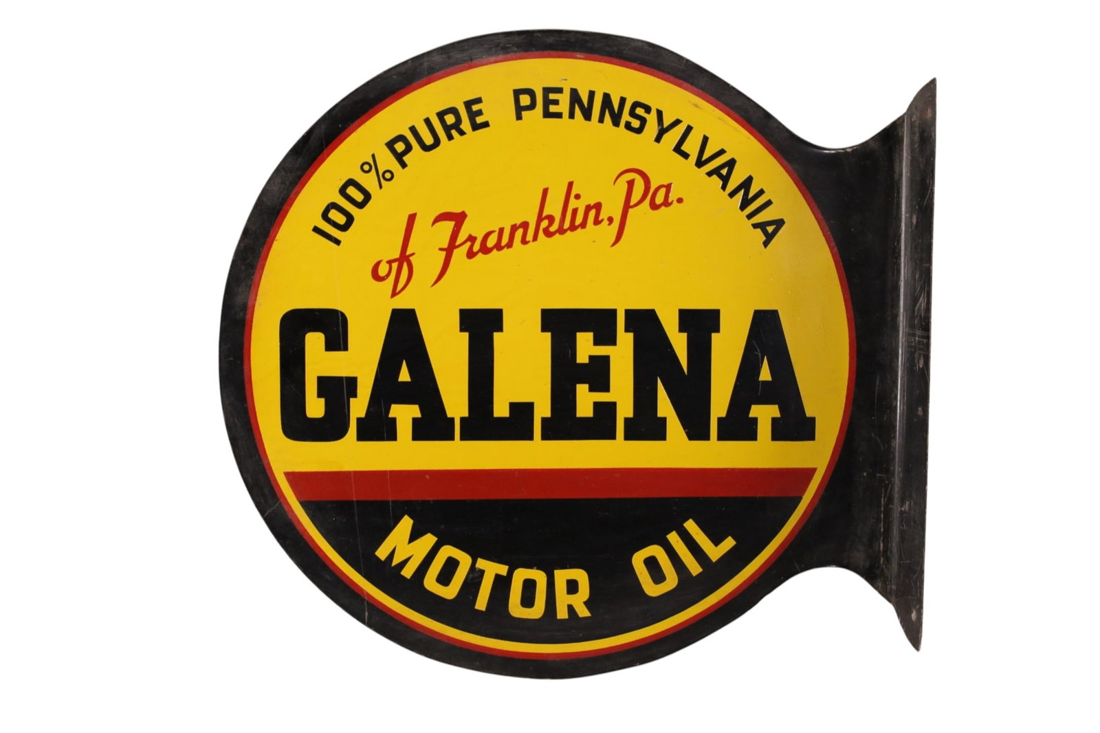 GALENA MOTOR OIL PAINTED METAL FLANGE (TAC): DOUBLE SIDED PAINTED METAL GALENA MOTOR OIL FLANGE SIGN, GOOD COLOR. ONE SIDE HAS GOOD GLOSS, OTHER SIDE HAS FAIR GLOSS. ONE SIDE HAS RICE PAPER RESIDUE. 18" x 19" RATED 8/8.5 TAC#063409