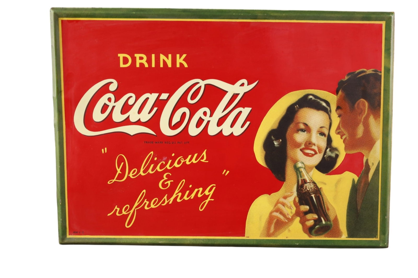 COCA COLA METAL SIGN: SST DRINK COCA COLA DELICIOUS AND REFRESHING SIGN, DISCOLORATION. 27 1/2" x 20"
