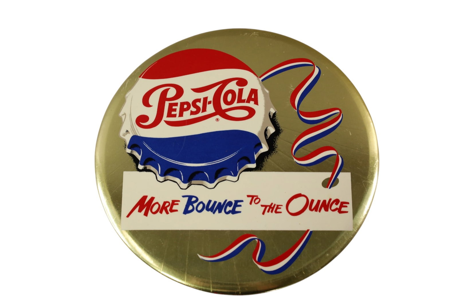 PEPSI COLA BUTTON SIGN: PAINTED CARDBOARD PEPSI COLA BUTTON SIGN. 9" DIAM