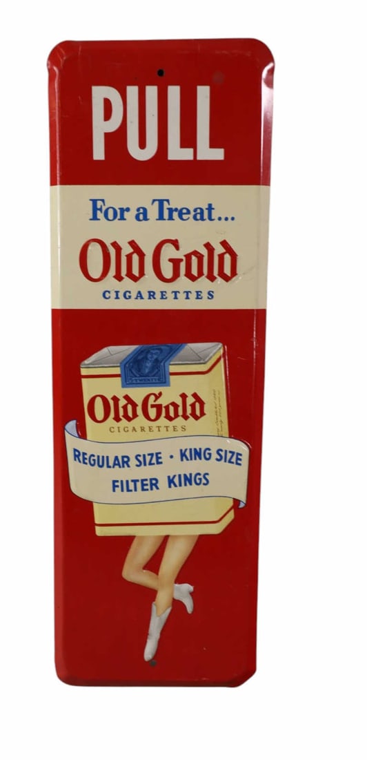 OLD GOLD CIGARETTE DOOR SIGN: SST OLD GOLD CIGARETTE DOOR SIGN,LIGHT SCRATCHES. 4" X 12"
