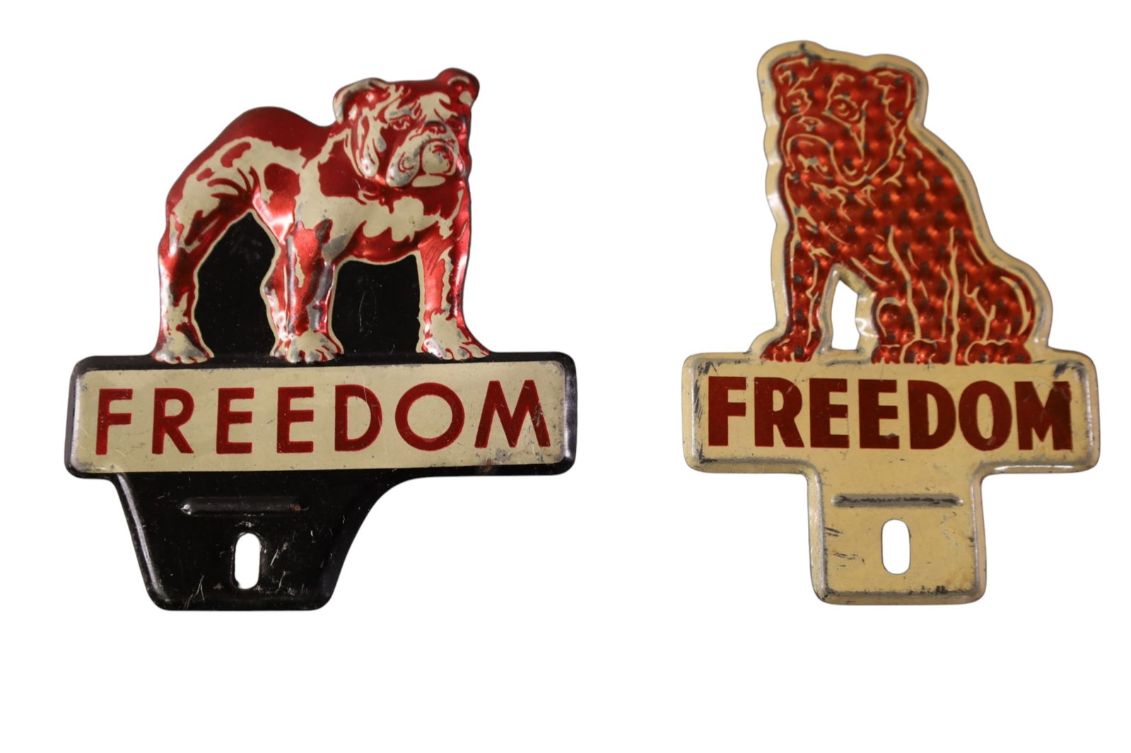 2 FREEDOM BULLDOG LICENSE PLATER TOPPERS: FREEDOM OIL BULLDOG LICENSE PLATE TOPPERS, PAINT LOSS.